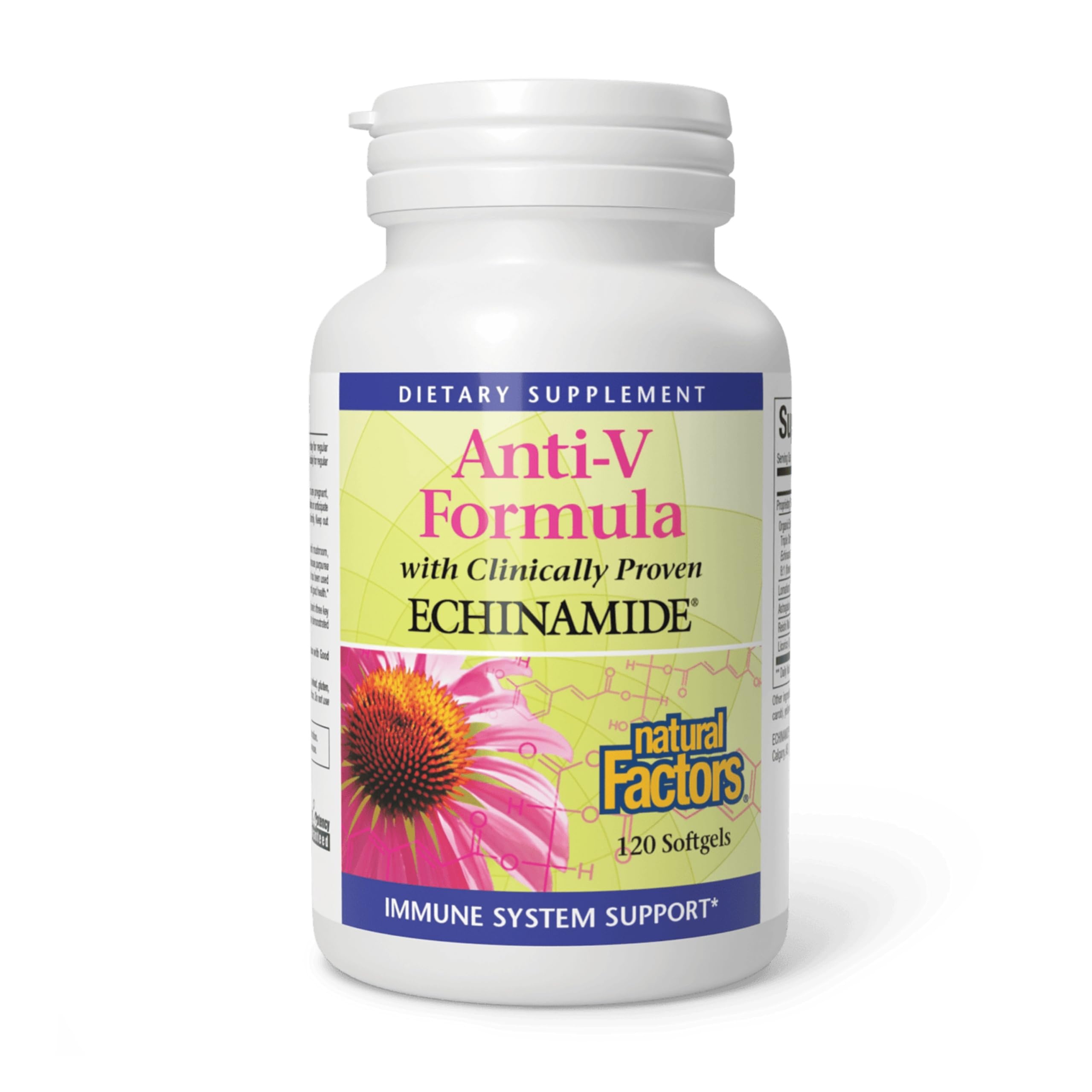Natural Factors Anti-V Formula, botella de cápsulas suaves para apoyo inmunitario diario.