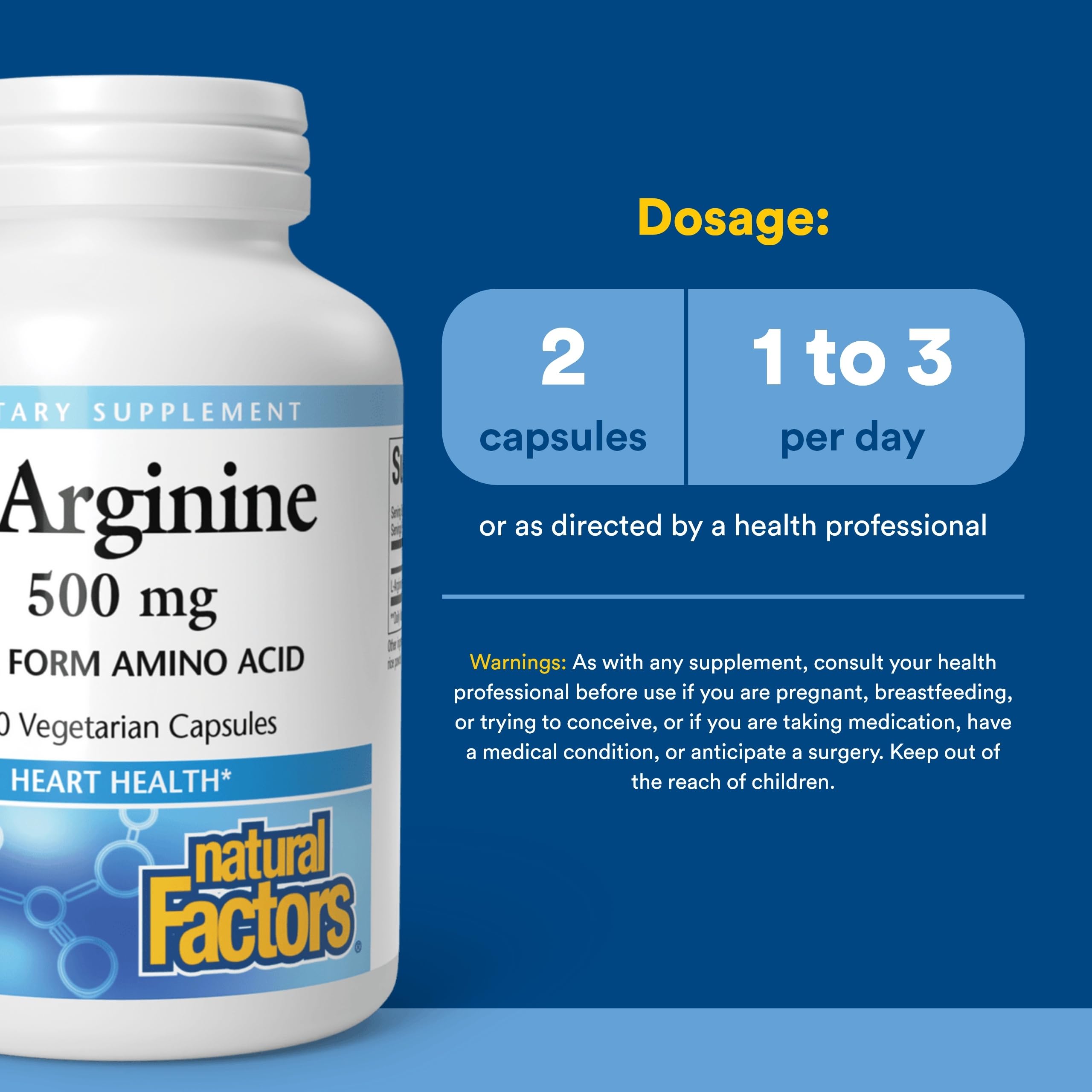 Envase abierto con cápsulas Natural Factors L-Arginina para uso diario