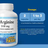 Envase abierto con cápsulas Natural Factors L-Arginina para uso diario