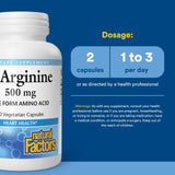 Natural Factors L-Arginina: etiqueta detallada que garantiza calidad farmacéutica.