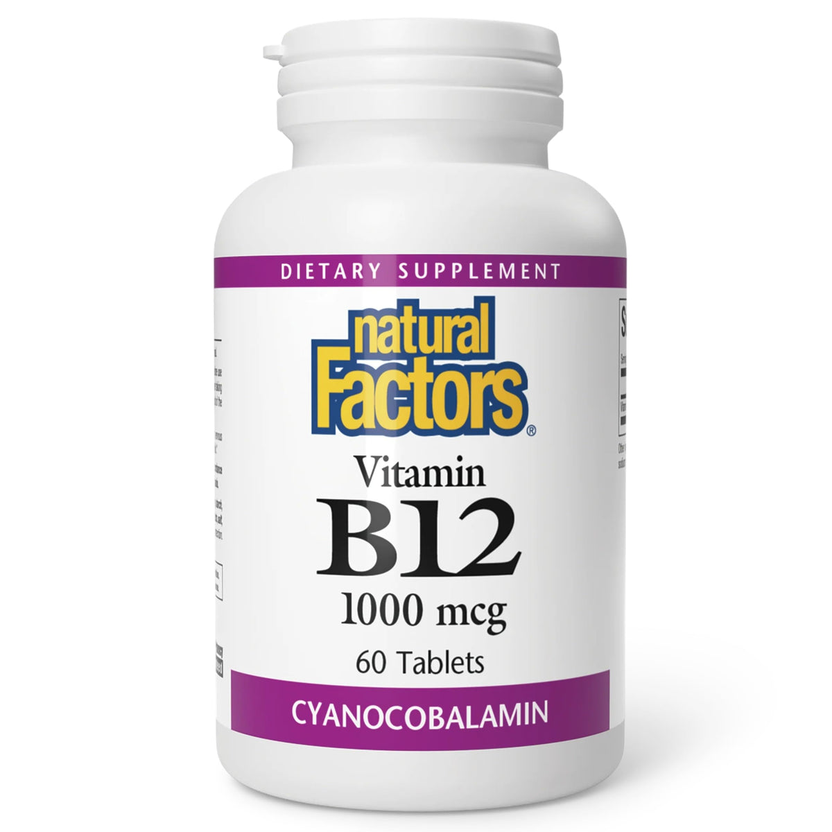 Natural Factors B12 1000 mcg tabletas en frasco, apoyo a la energía diaria.