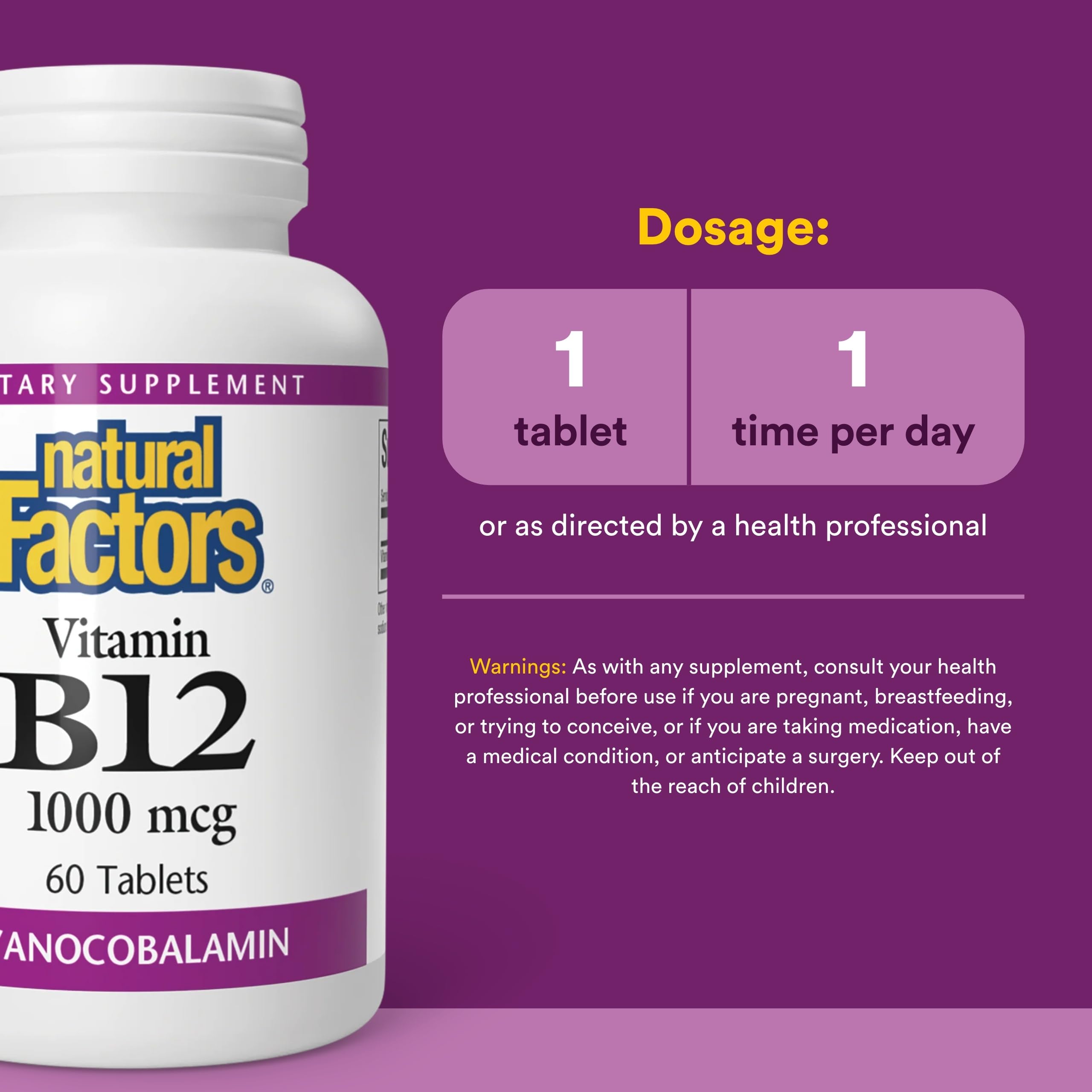 Natural Factors B12 tabletas en cartón, fácil dosificación diaria.