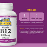 Natural Factors B12 tabletas en cartón, fácil dosificación diaria.