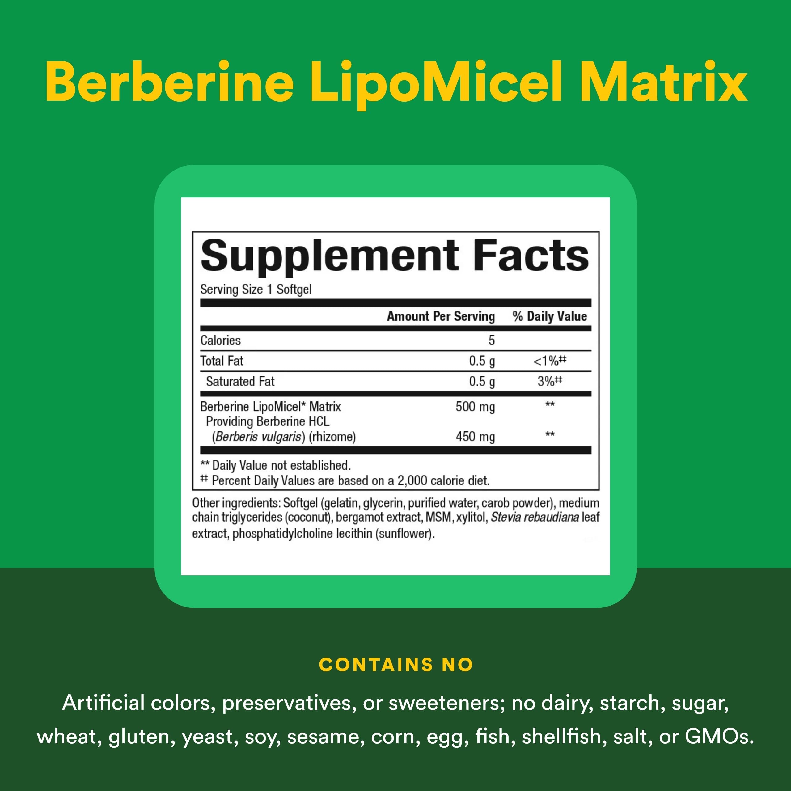 Natural Factors Berberine LipoMicel Matrix etiqueta, producto libre de gluten y lácteos.