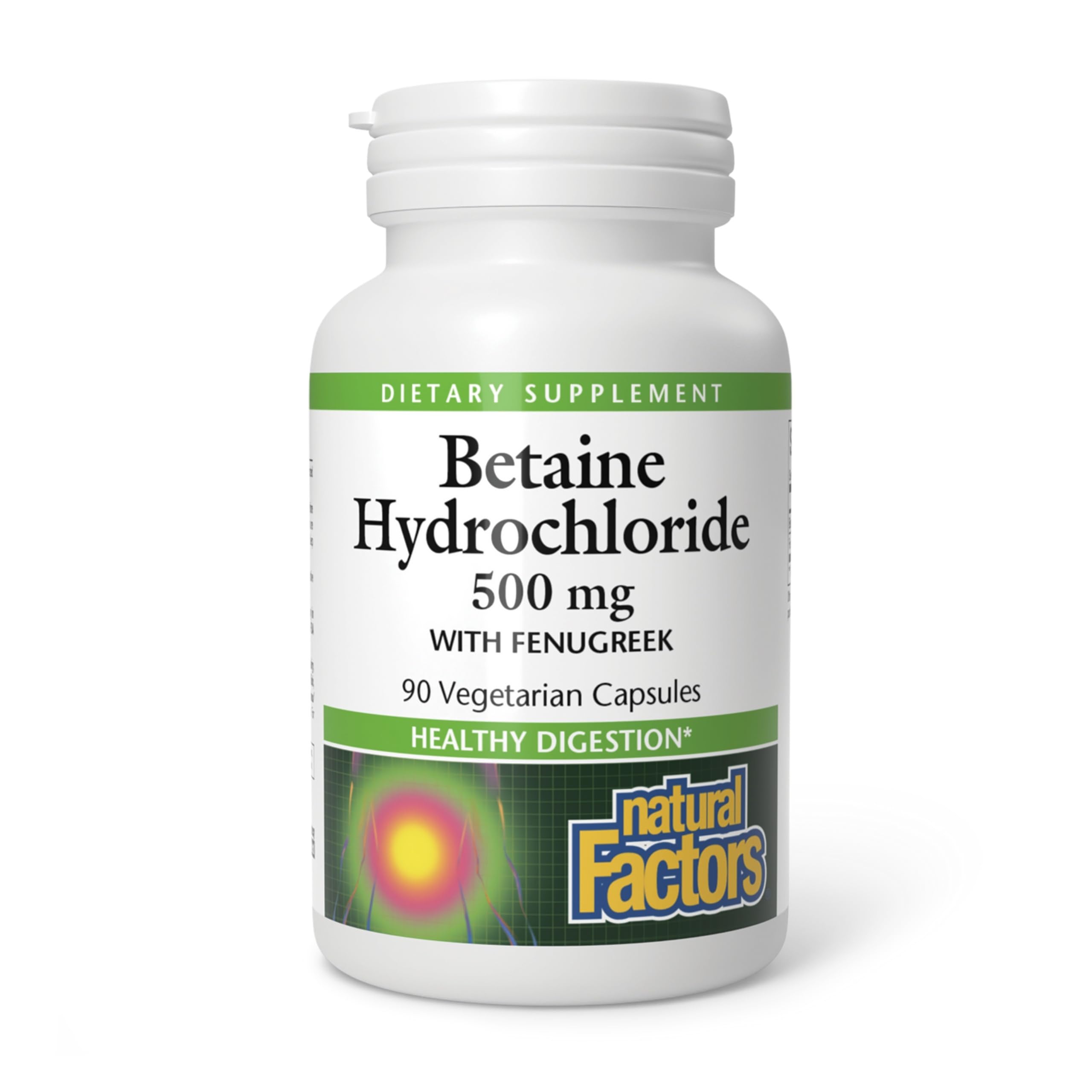 Natural Factors Betaine HCL 500 mg, bote, apoya una digestión saludable.