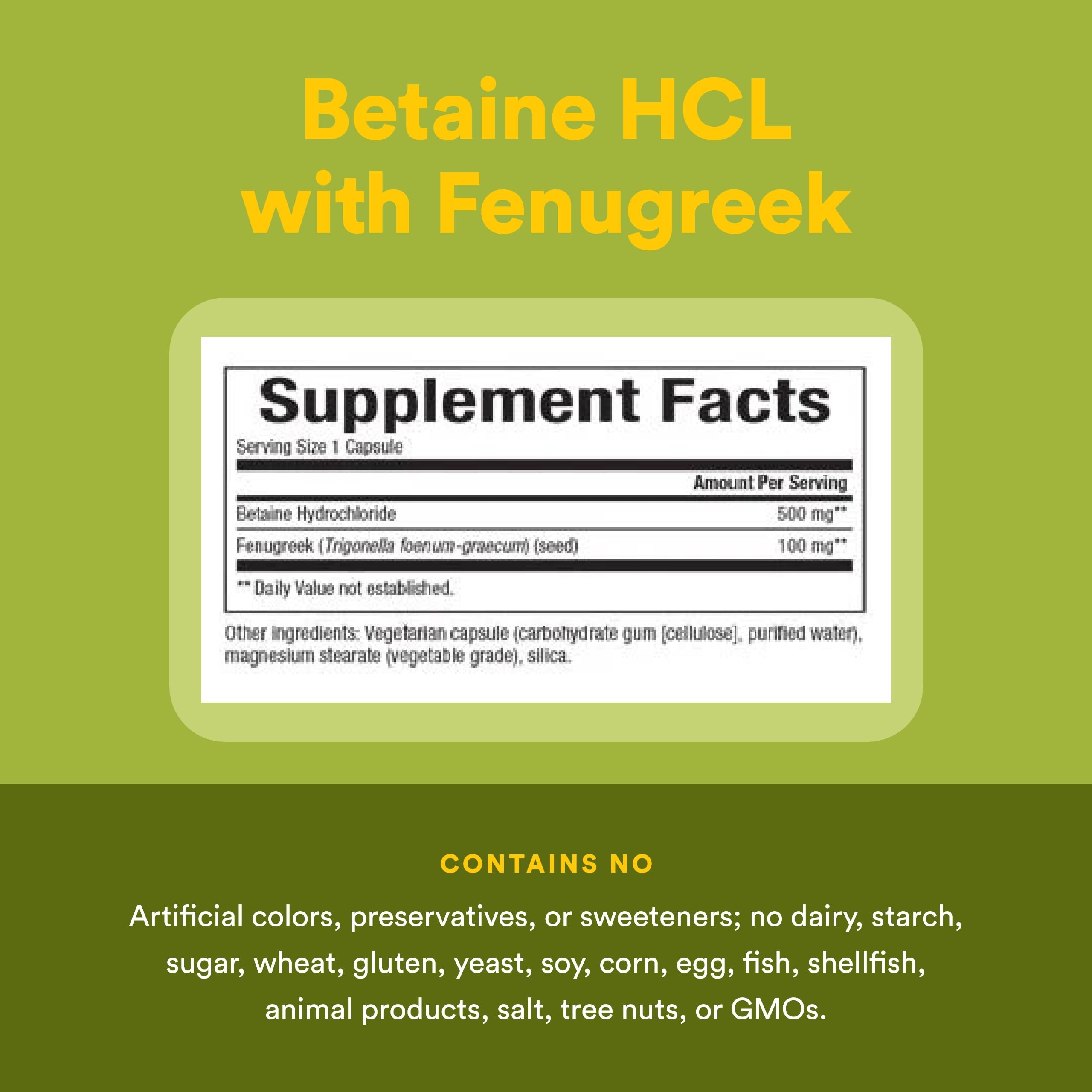 Natural Factors Betaine HCL 500 mg, caja, presentación práctica para uso diario.
