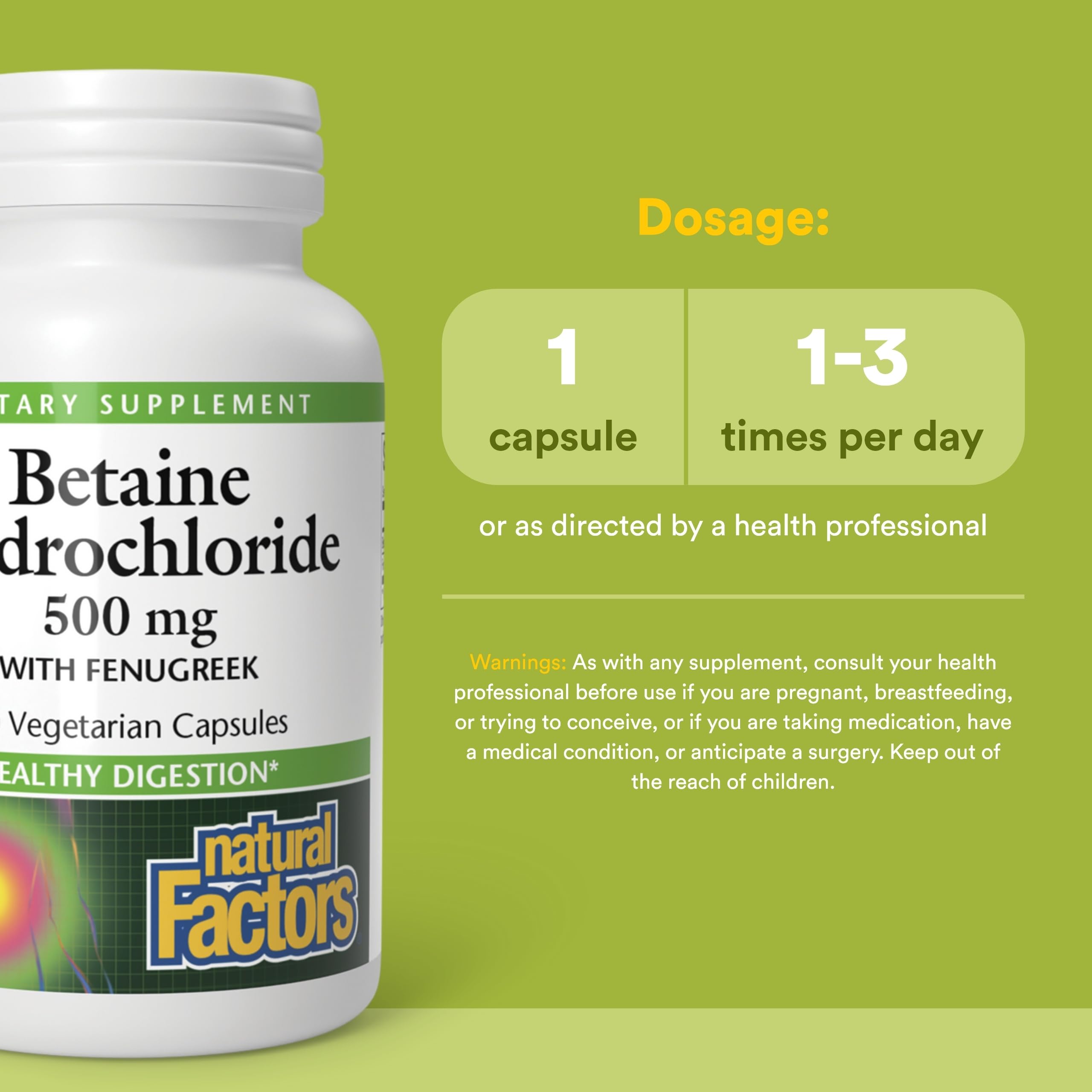 Natural Factors Betaine HCL 500 mg, etiqueta, datos claros sobre ingredientes.