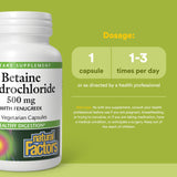 Natural Factors Betaine HCL 500 mg, etiqueta, datos claros sobre ingredientes.