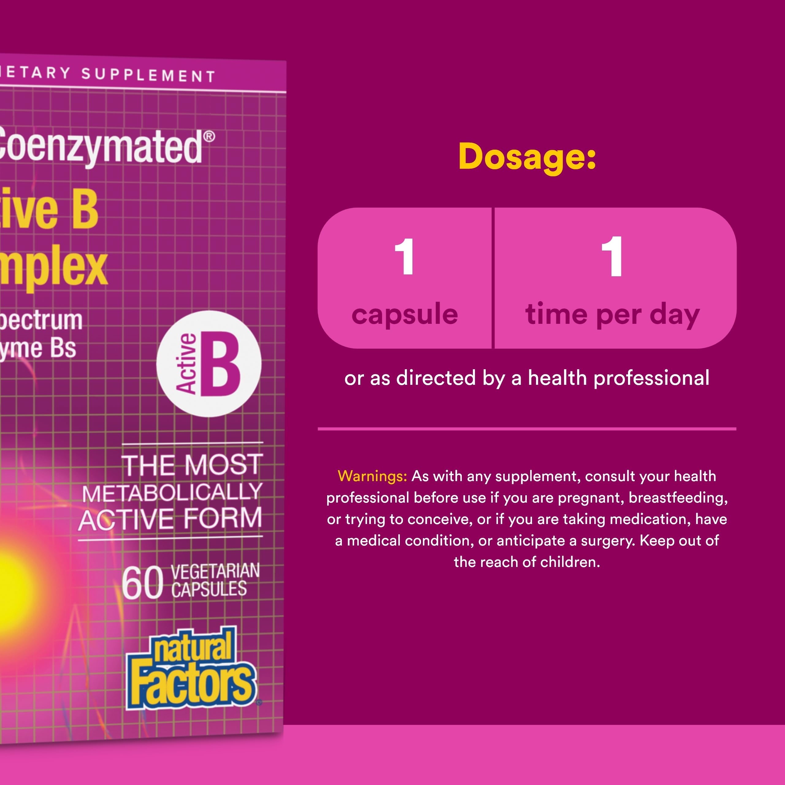 Natural Factors BioCoenzymated Active B Complex etiqueta nutricional con porciones claras para plan de consumo