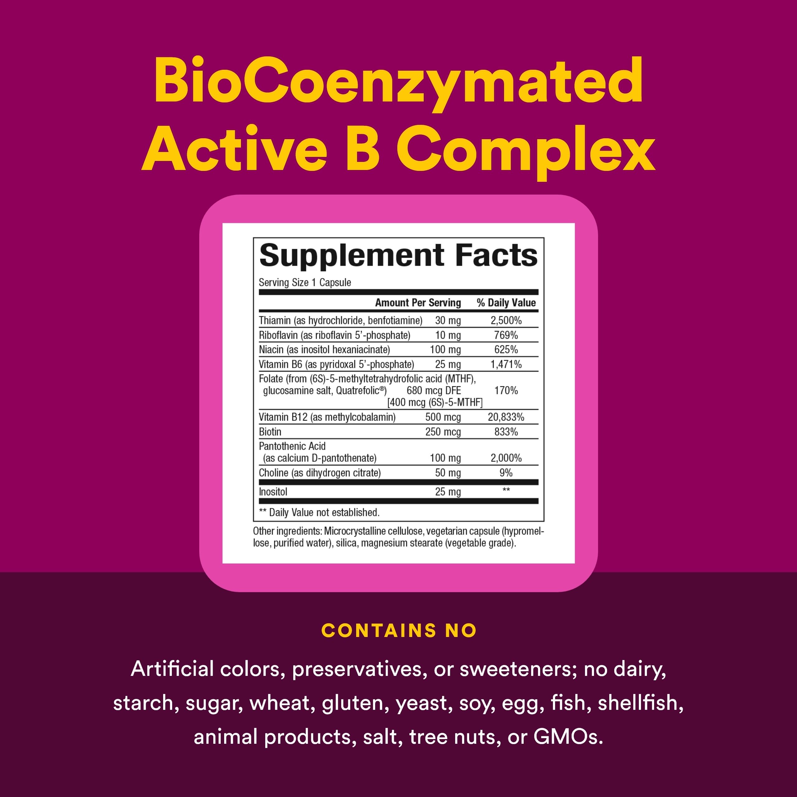 Natural Factors BioCoenzymated Active B Complex frente del envase, información útil para uso diario