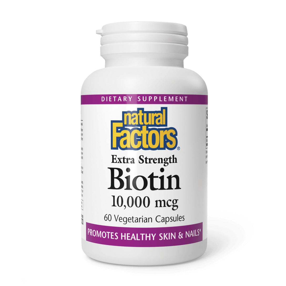 Natural Factors Biotin 10000mcg cápsulas en primer plano apoyando piel, cabello y uñas