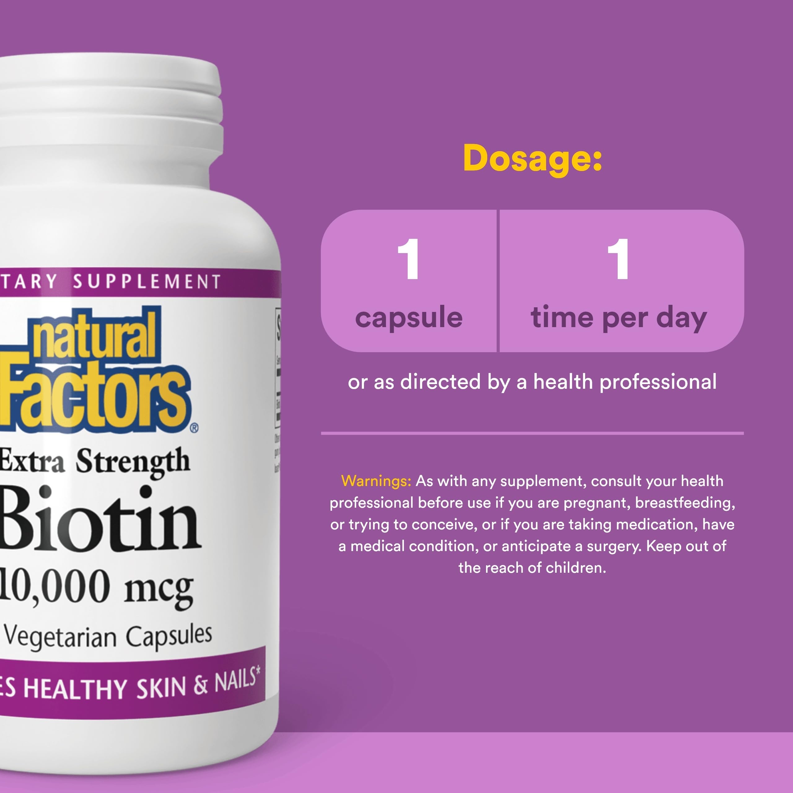 Natural Factors Biotin 10000mcg foco en etiqueta y dosificación