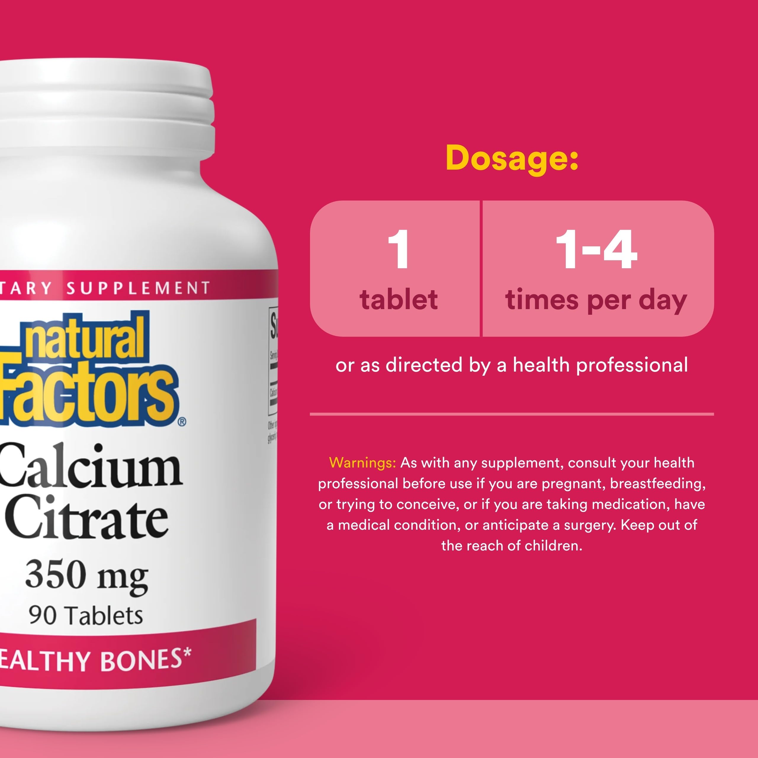 Etiqueta del producto Natural Factors Calcio Citrato con información clara de ingesta diaria.