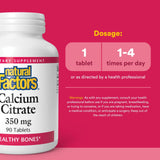 Etiqueta del producto Natural Factors Calcio Citrato con información clara de ingesta diaria.