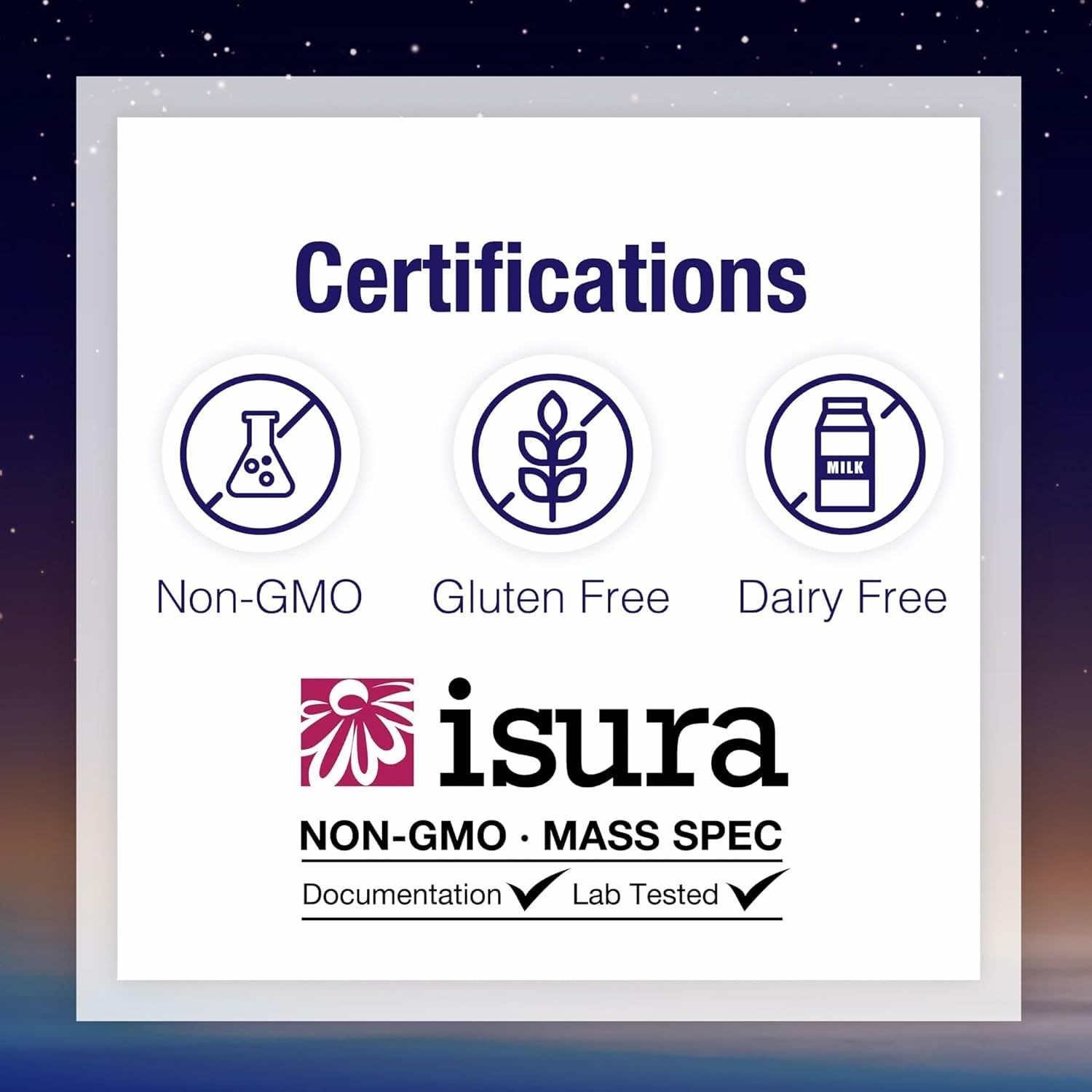 Natural Factors Certificado por terceros, sello: pruebas de pureza y ausencia de contaminantes.