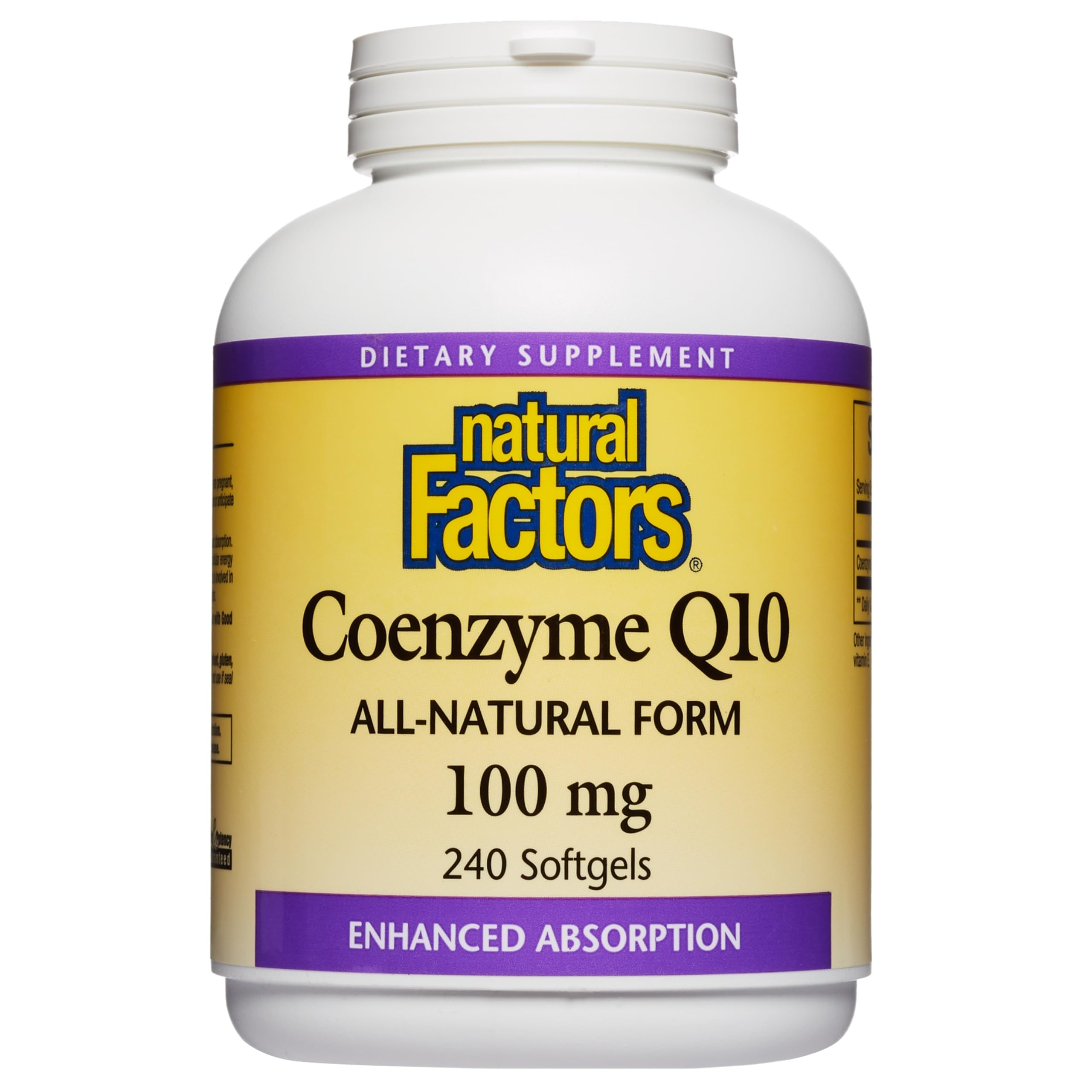 Natural Factors Coenzima Q10: botella de cápsulas blandas para mayor absorción.