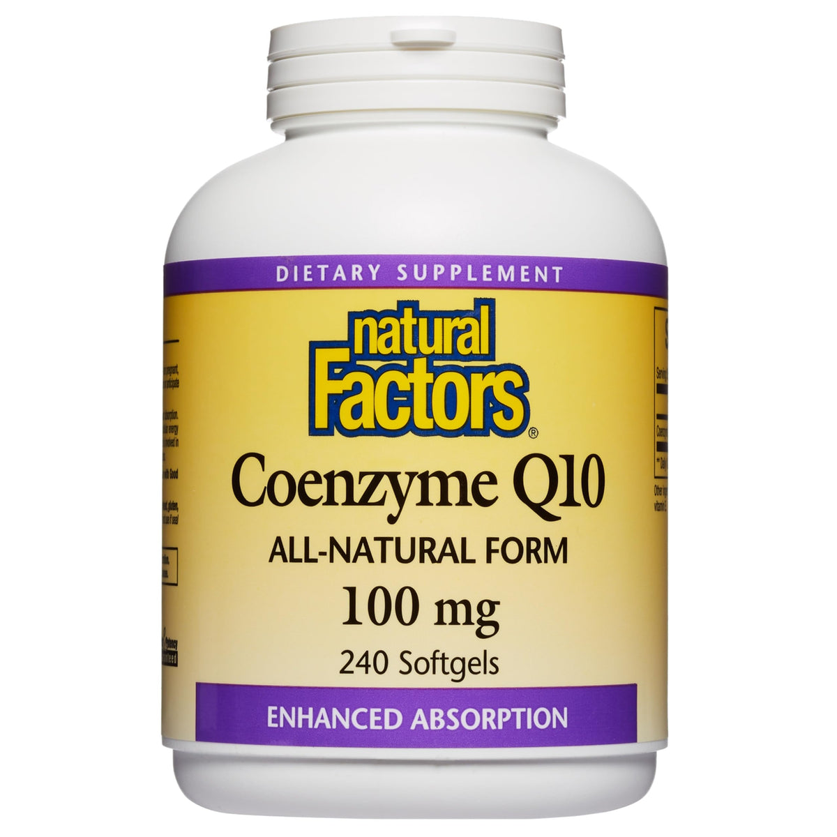 Natural Factors Coenzima Q10: botella de cápsulas blandas para mayor absorción.