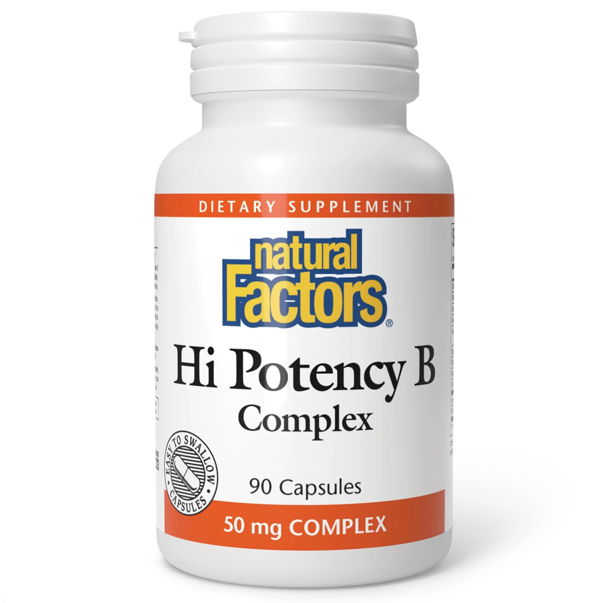 Natural Factors Complejo B de Alta Potencia, botella vertiendo, apoyo al metabolismo y energía diaria.