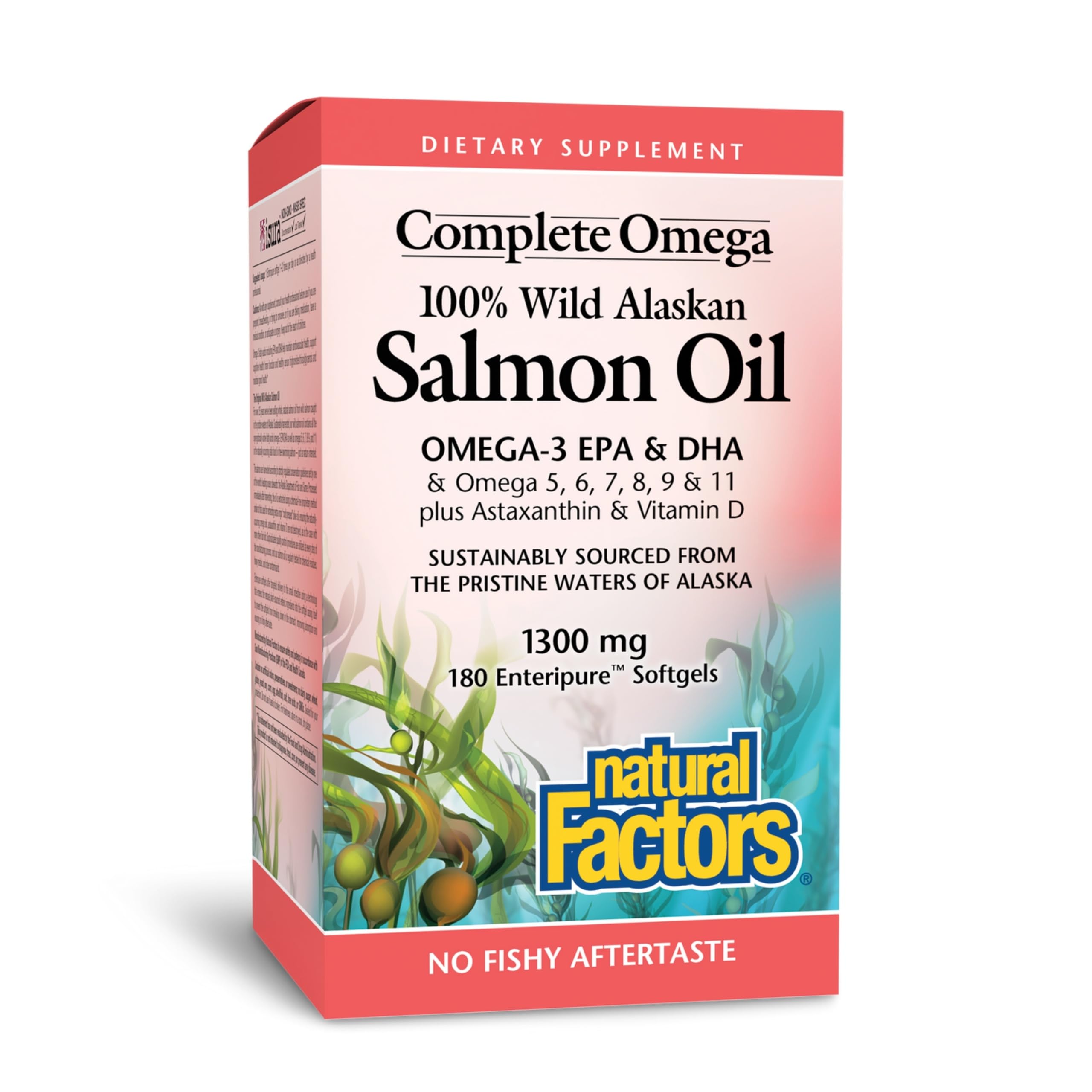 Natural Factors Complete Omega, botella vertiendo aceite de salmón para apoyar el corazón.