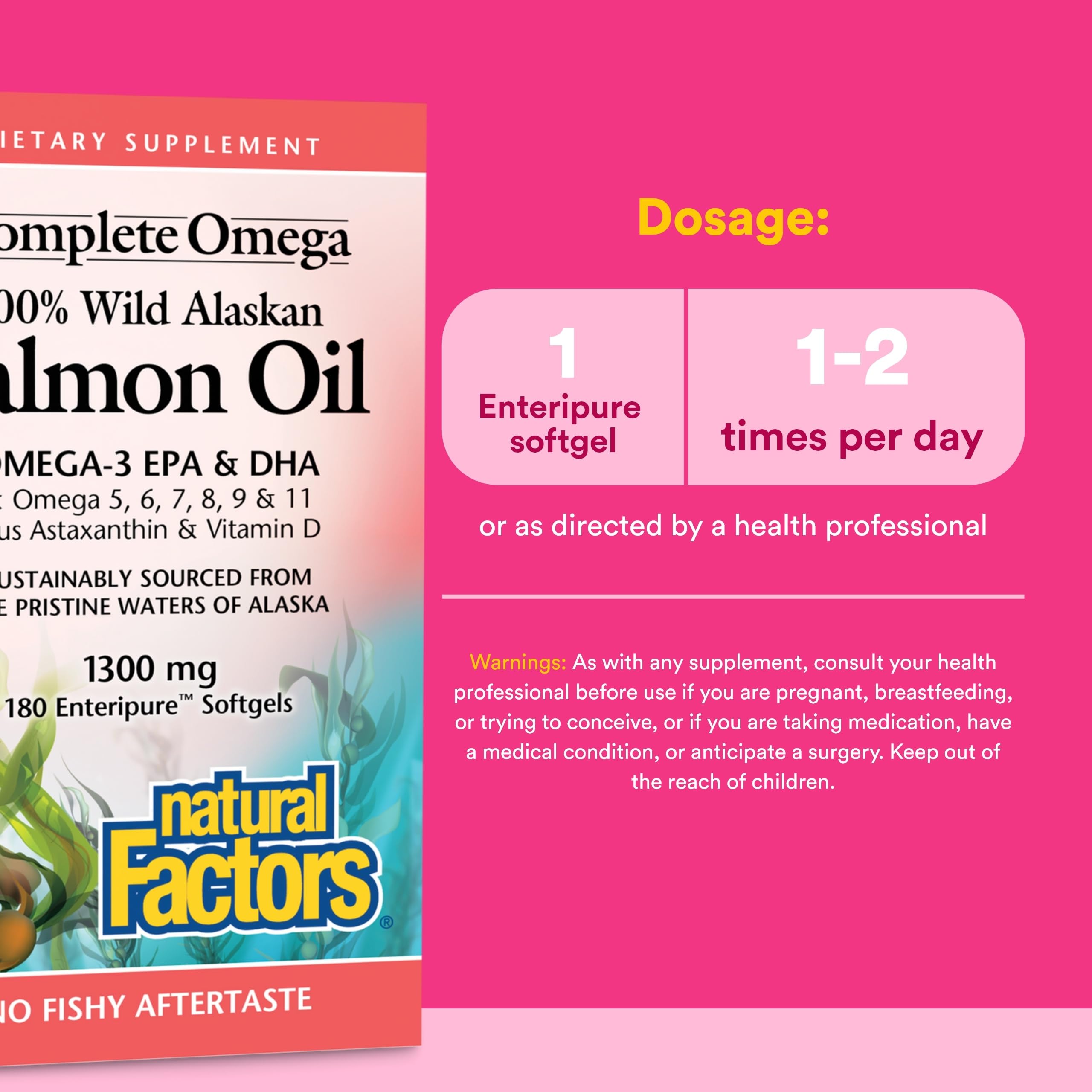 Natural Factors Complete Omega, etiqueta clara que destaca salmón salvaje de Alaska.