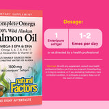 Natural Factors Complete Omega, etiqueta clara que destaca salmón salvaje de Alaska.