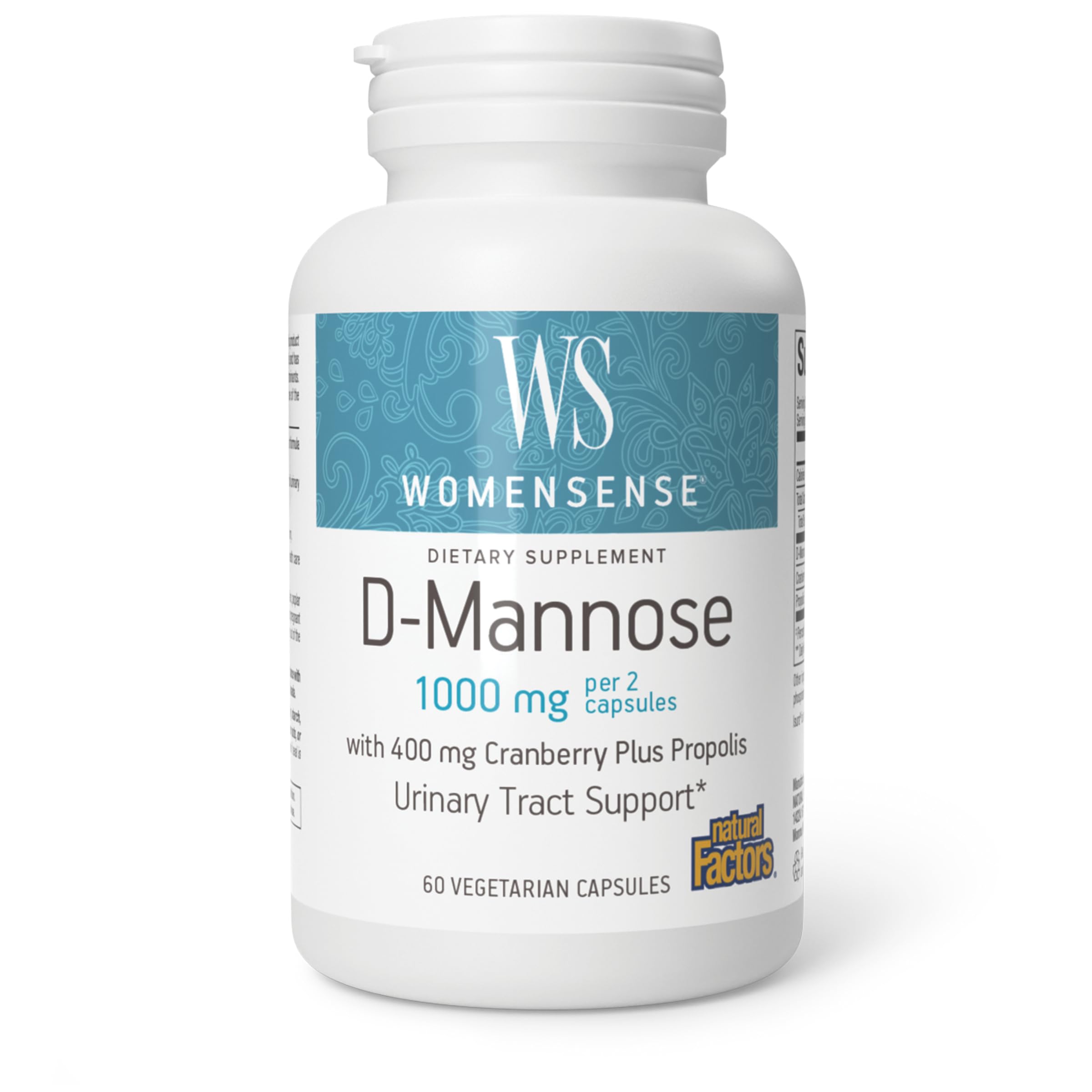 Natural Factors D-MANNOSE & Cranberry Plus Propolis, cápsulas para apoyo urinario y equilibrio bacteriano.