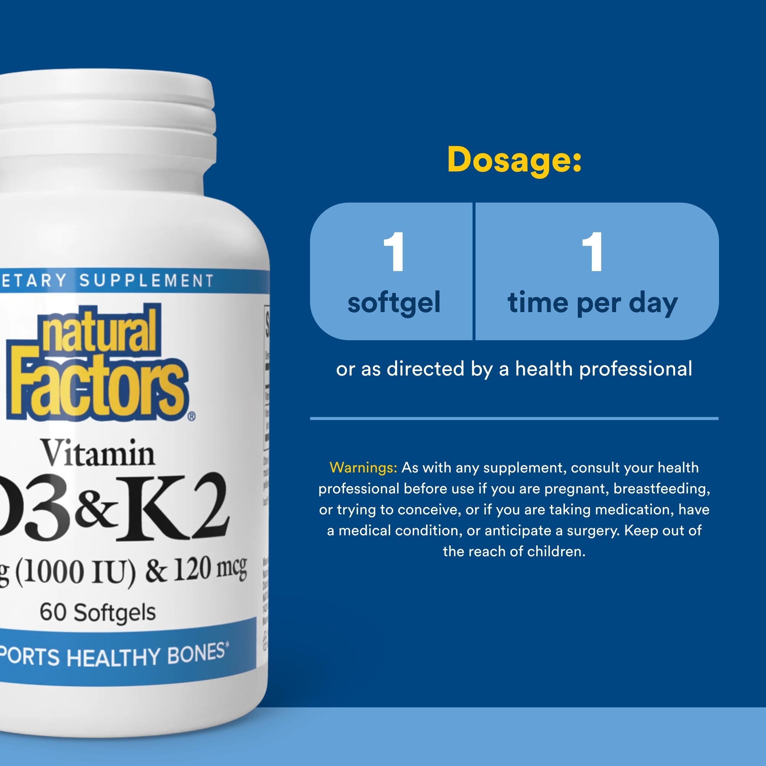 Natural Factors Vitamina D3 y K2, etiqueta frontal, información clara y transparente.