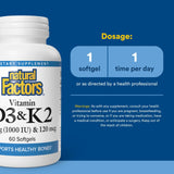 Natural Factors Vitamina D3 y K2, etiqueta frontal, información clara y transparente.