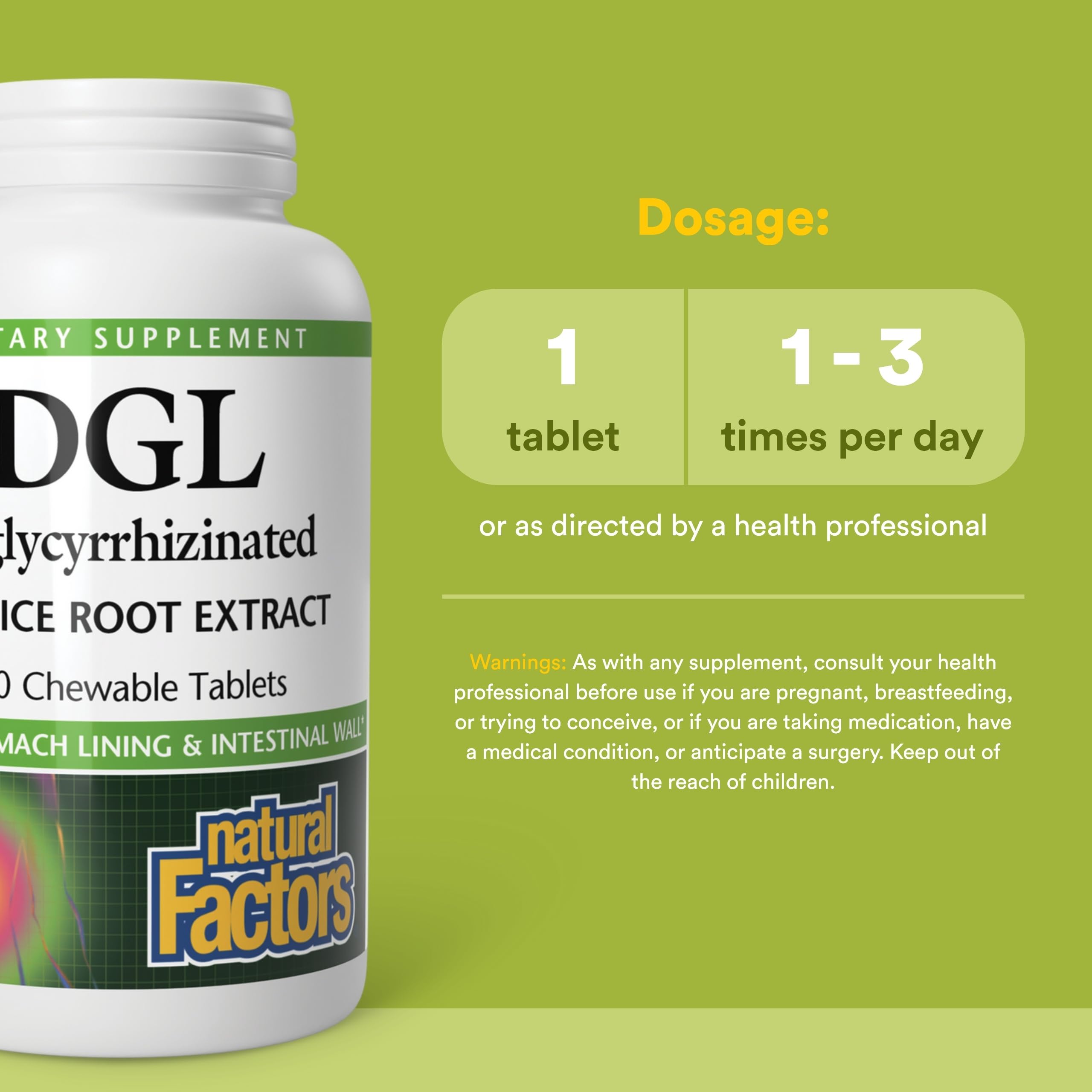 Natural Factors DGL envase con 180 tabletas para uso diario