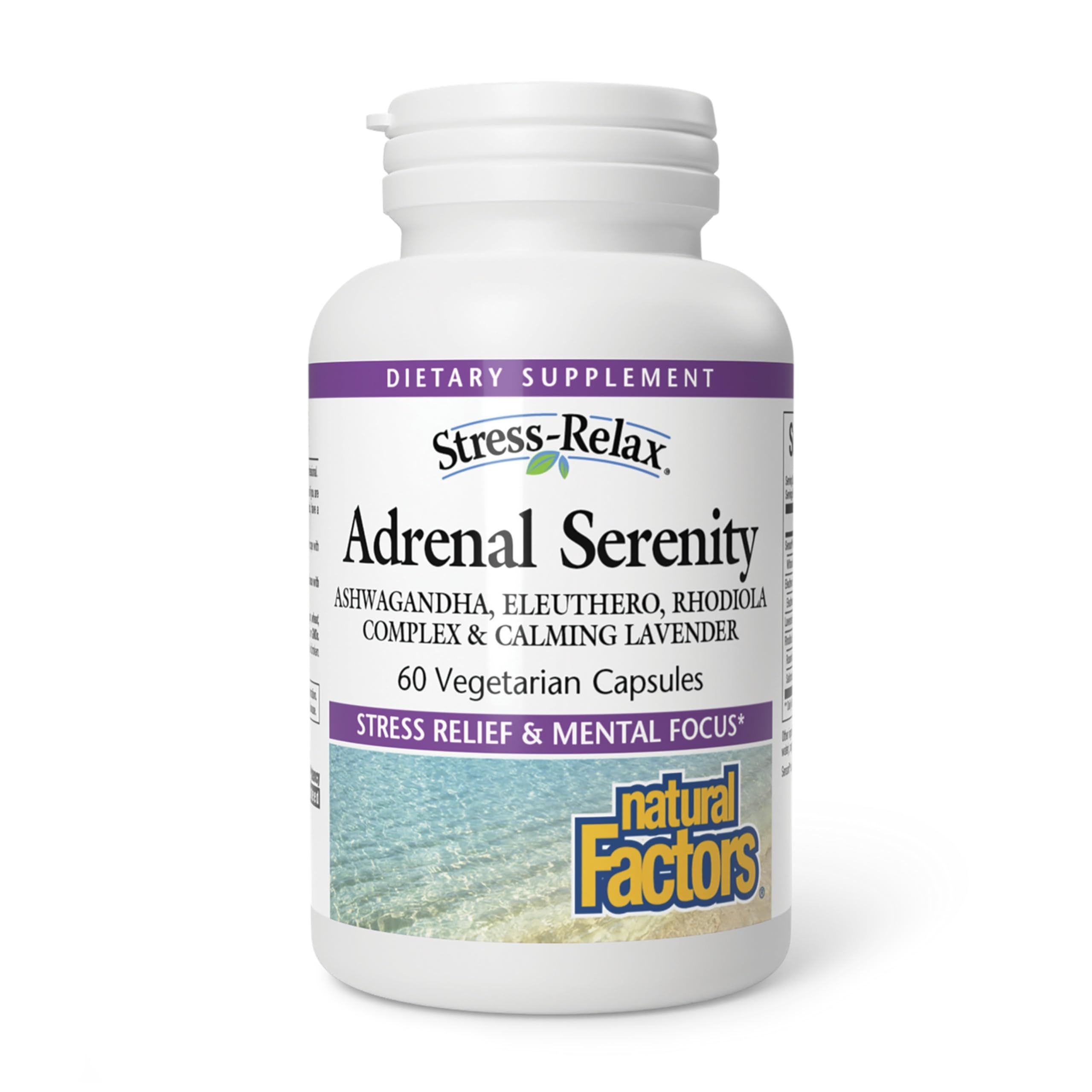 Natural Factors STRESS-RELAX Serenidad adrenal, cápsulas en botella para manejo del estrés ocasional.