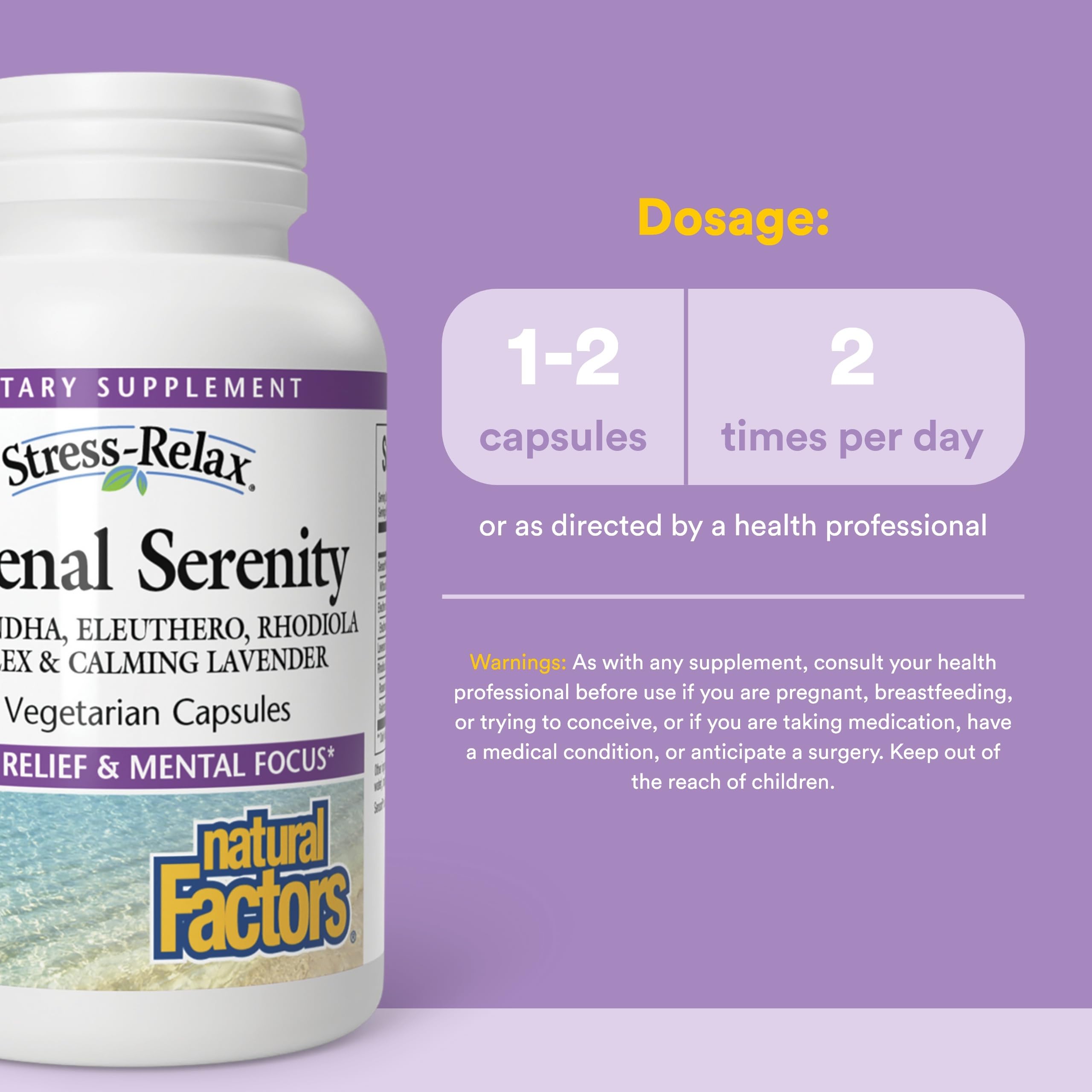 Natural Factors STRESS-RELAX Serenidad adrenal, detalle de la etiqueta para claridad de ingredientes.