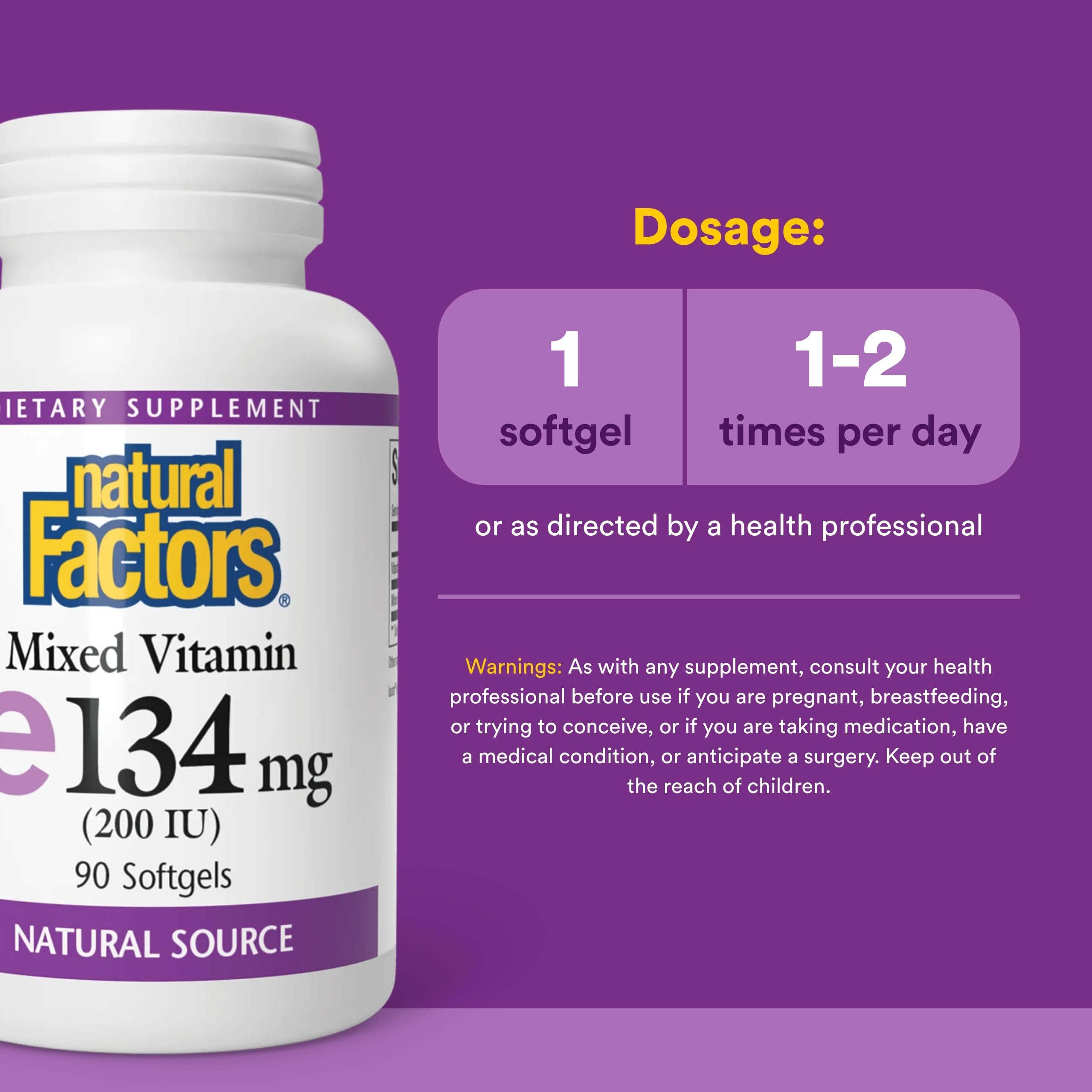 Natural Factors Etiqueta de Vitamina E con información clara.