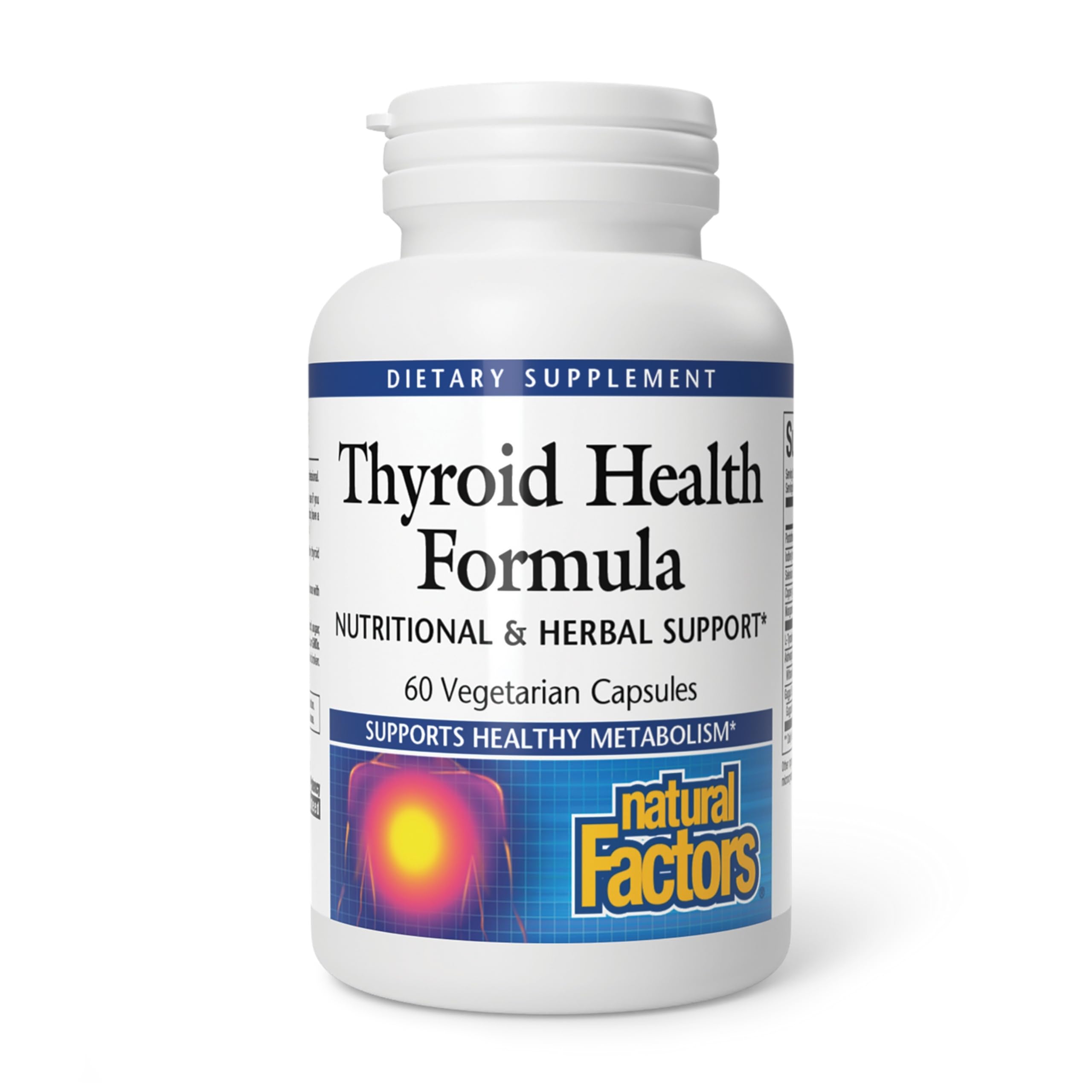 Natural Factors fórmula salud tiroides: botella con cápsulas para apoyar el metabolismo.