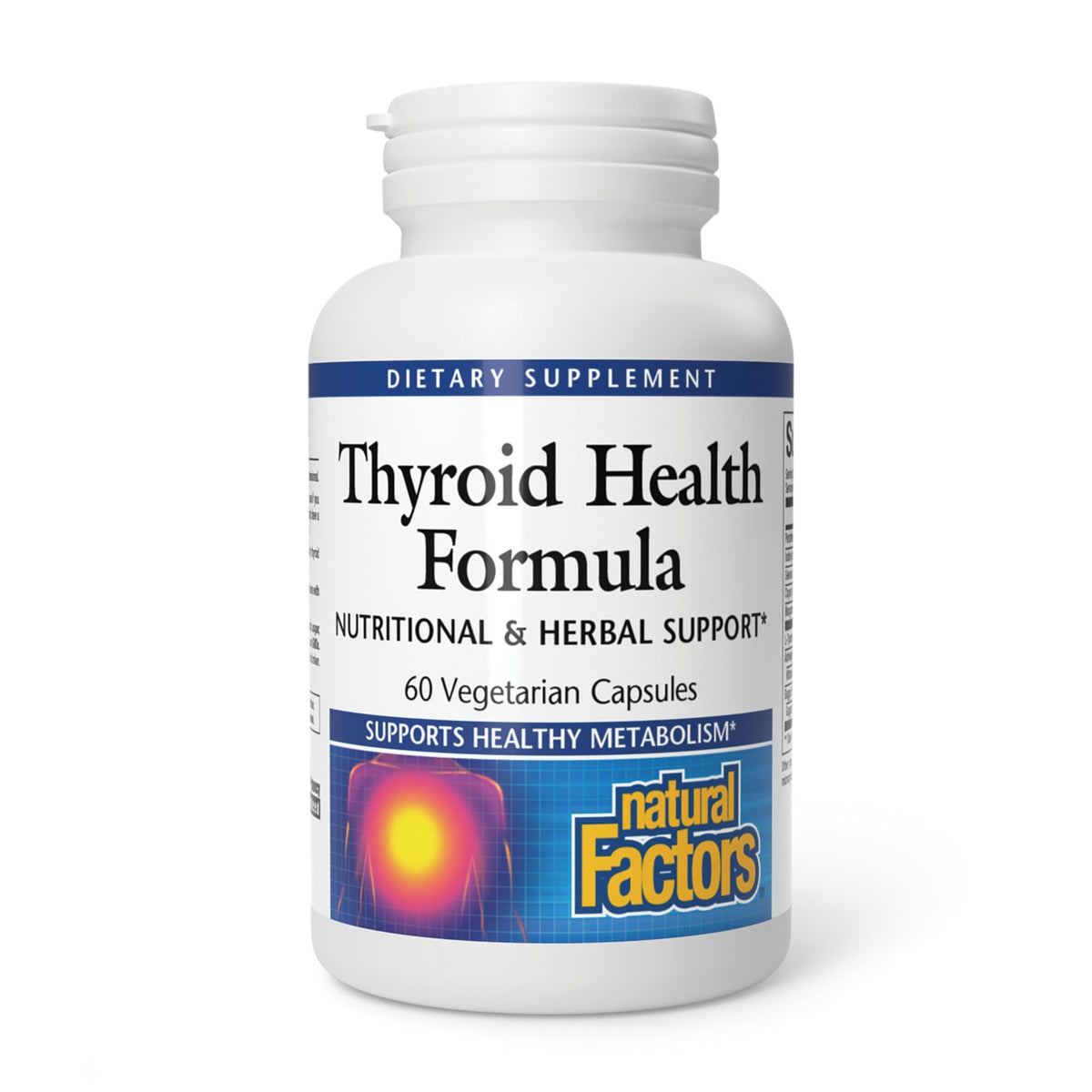 Natural Factors fórmula salud tiroides: botella con cápsulas para apoyar el metabolismo.