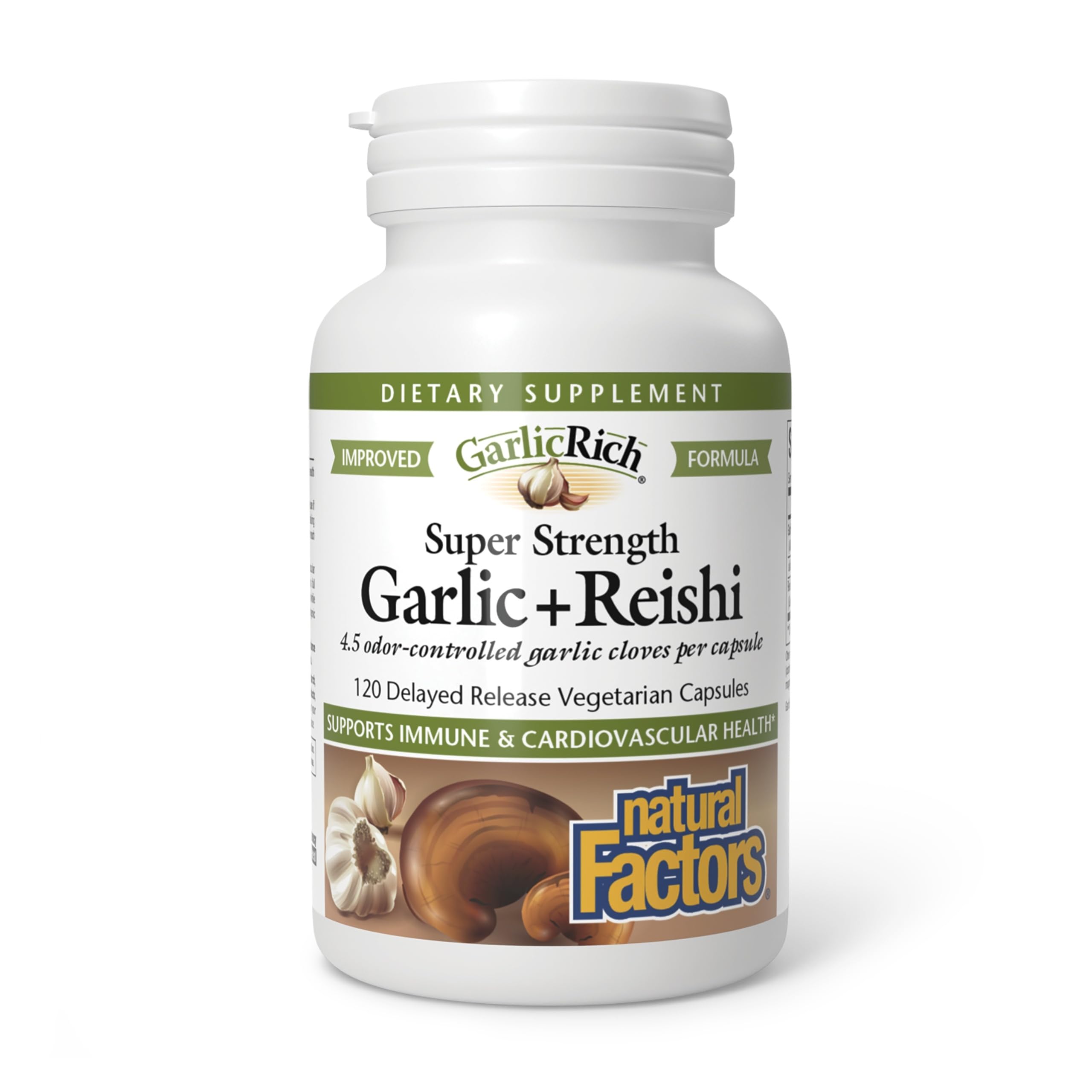 Natural Factors GarlicRich capsulas en botella para apoyo diario inmunitario.