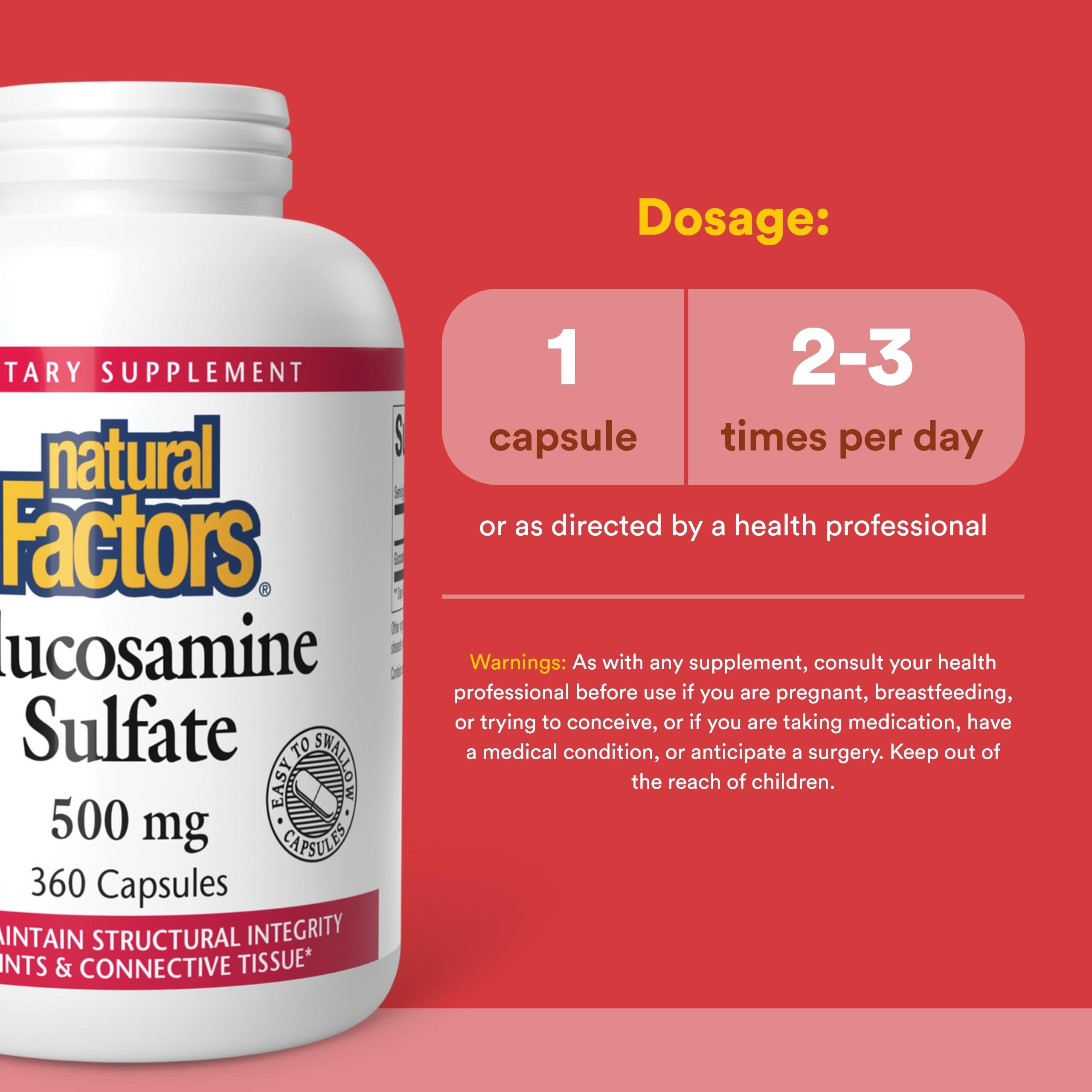 Natural Factors Glucosamina Sulfato: etiqueta frontal destacando pureza y seguridad.