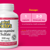 Etiqueta de Natural Factors Glucosamina Sulfato con indicaciones de uso.