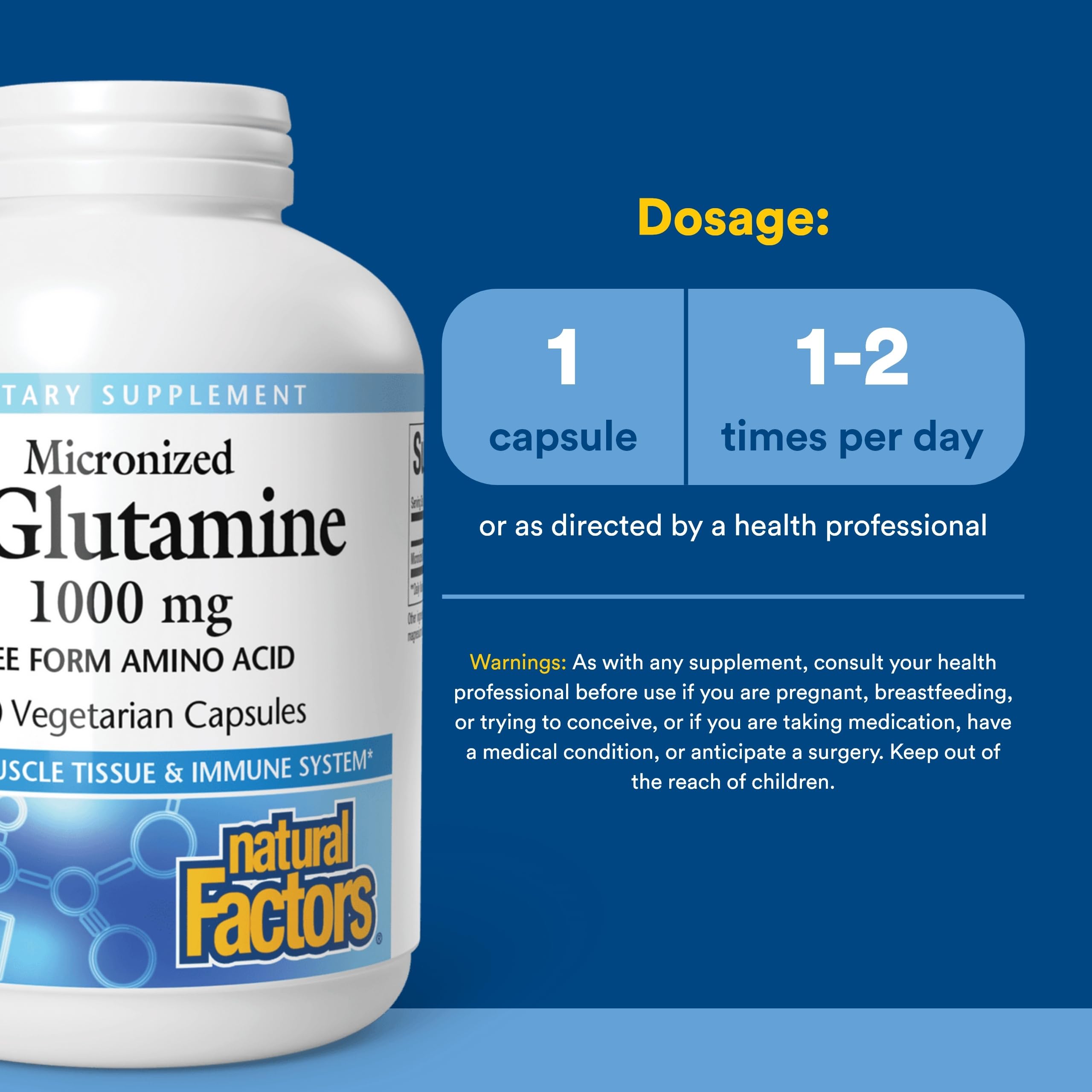 Frasco de Natural Factors glutamina micronizada con etiqueta de pureza
