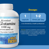 Frasco de Natural Factors glutamina micronizada con etiqueta de pureza