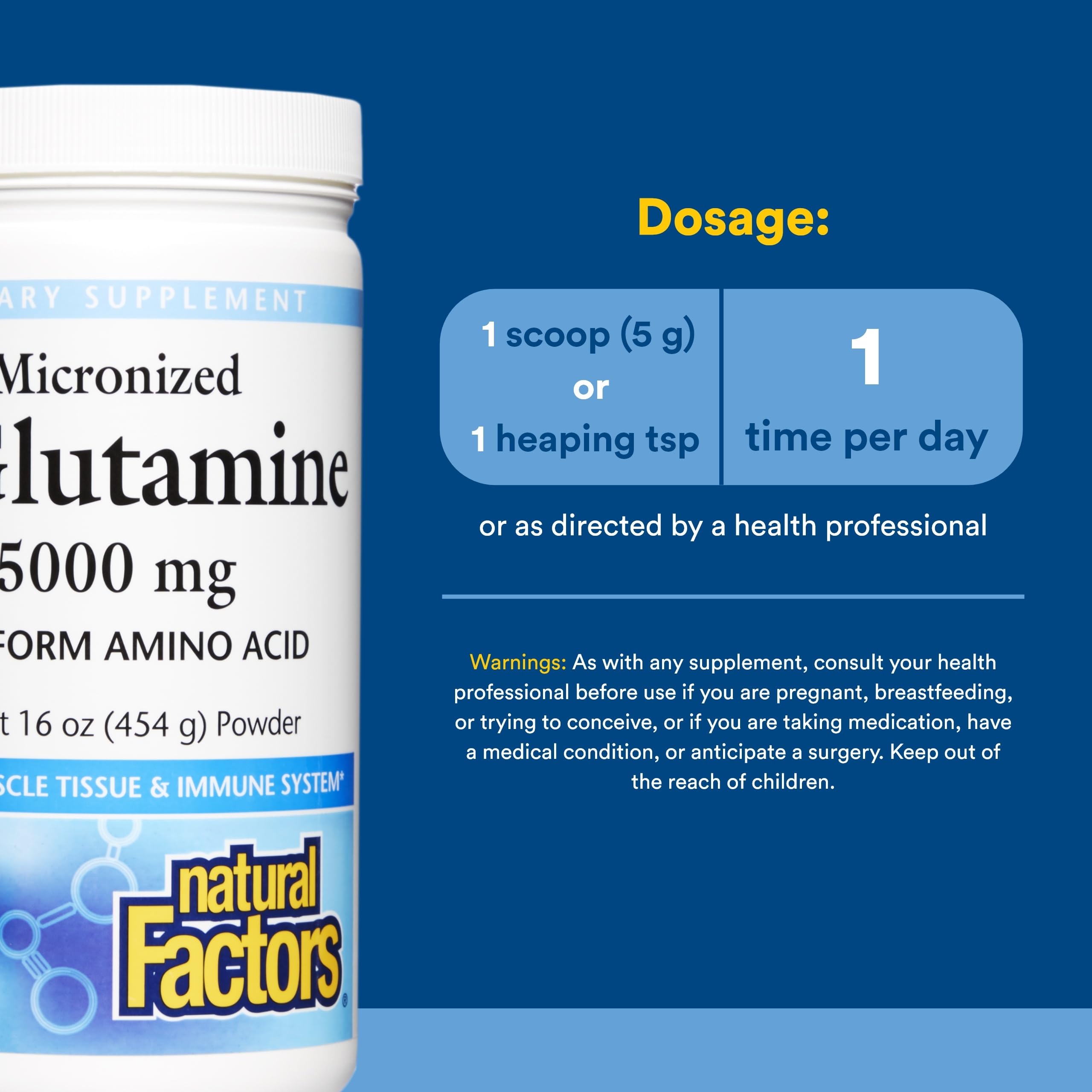 Natural Factors L-Glutamina polvo, porción medidora, favorece la recuperación muscular.