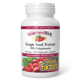 Natural Factors GrapeSeedRich: botella vista, antioxidantes naturales para apoyar la salud general.