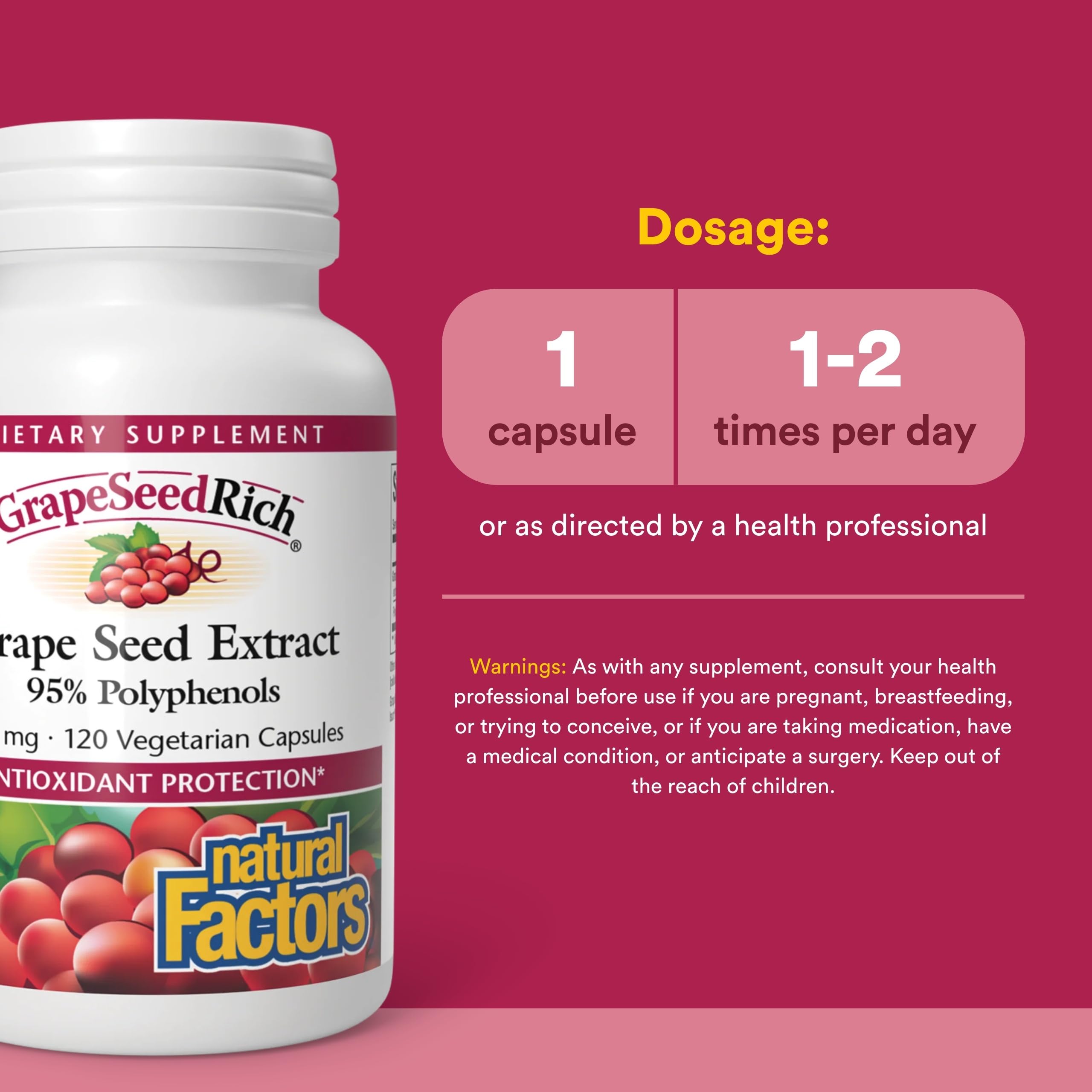 Natural Factors GrapeSeedRich: dispensador de cápsulas, fácil dosificación para apoyo antioxidante diario.