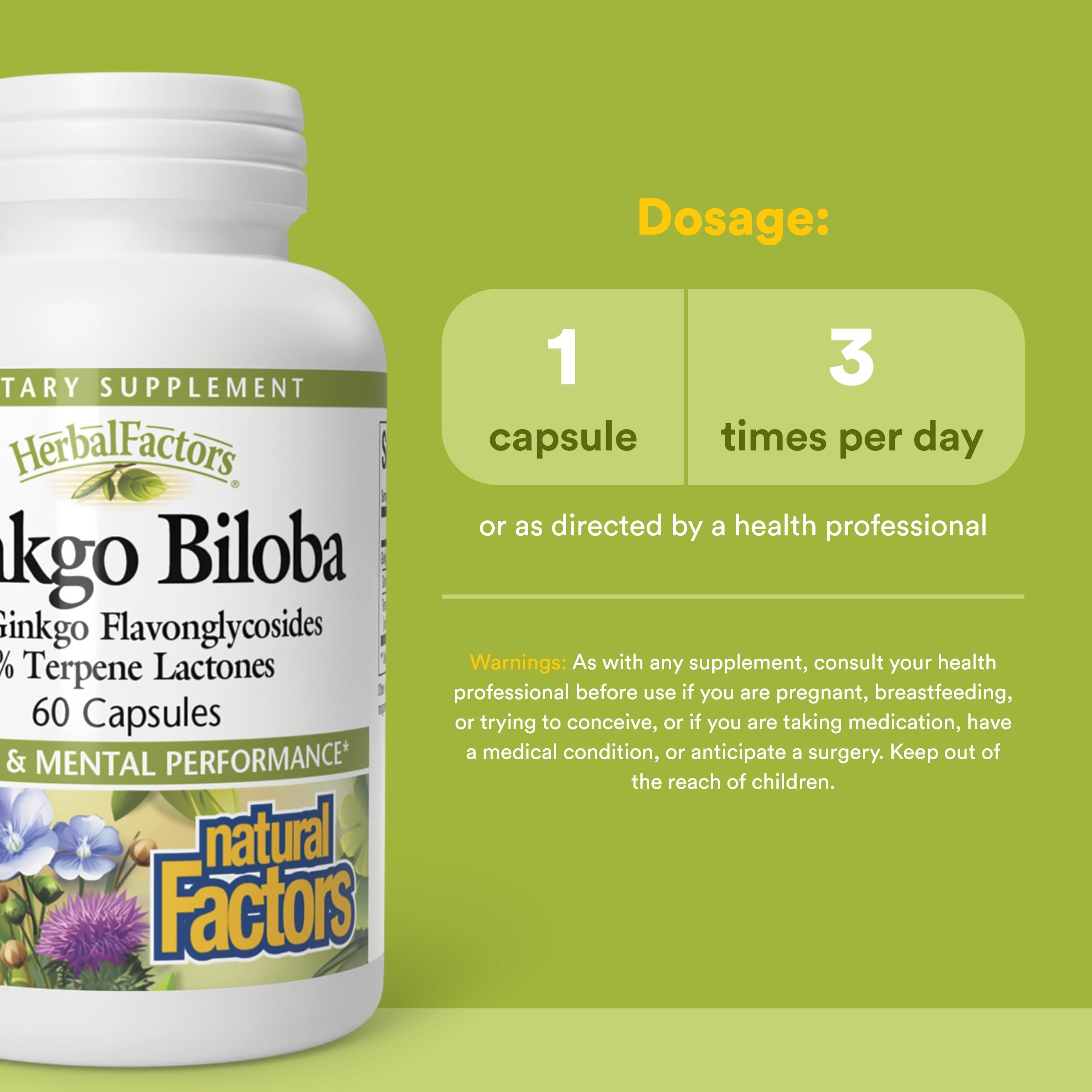 Frasco frontal de HerbalFactors Ginkgo Biloba con cápsulas visibles.