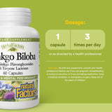 Frasco frontal de HerbalFactors Ginkgo Biloba con cápsulas visibles.