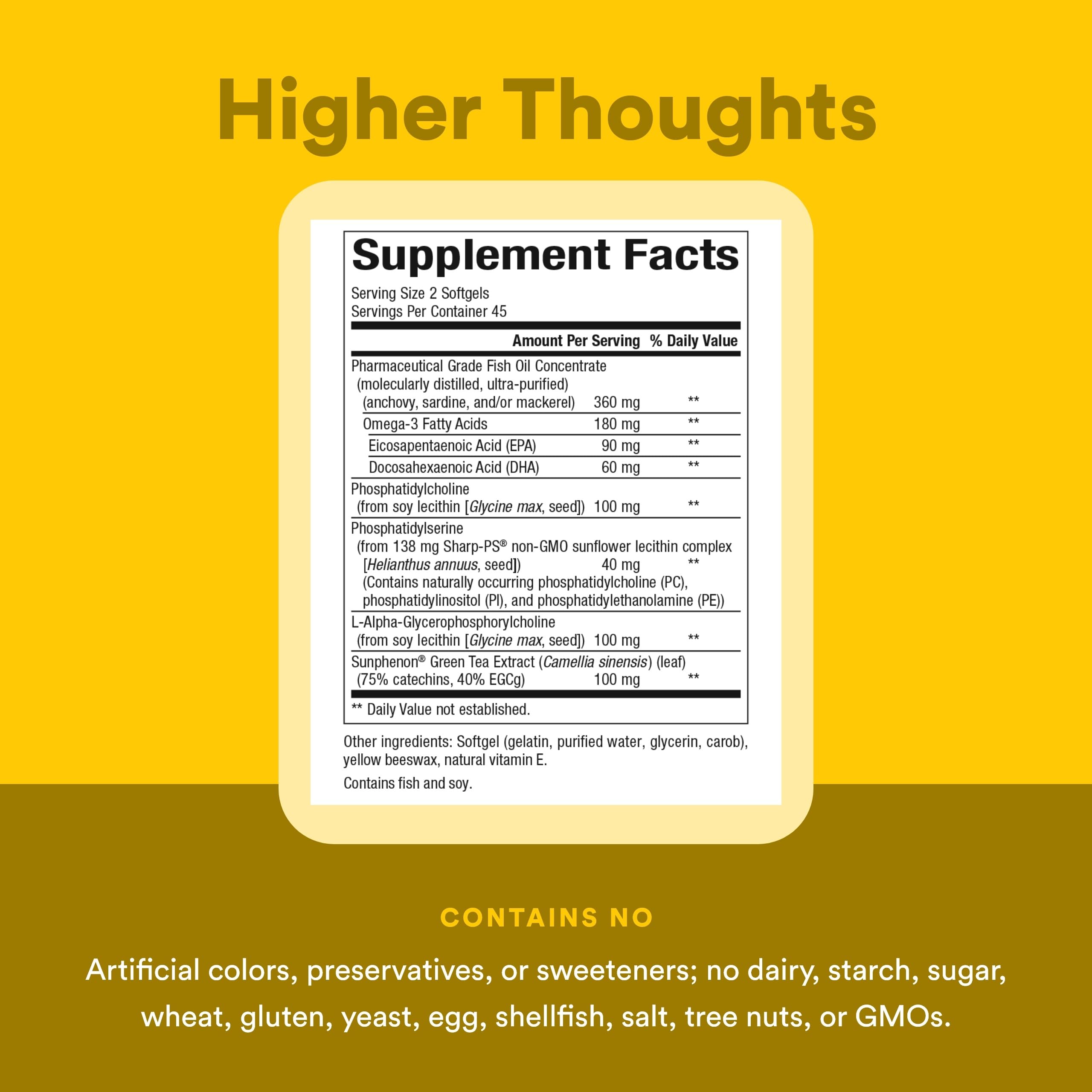 Cápsulas de Natural Factors Higher Thoughts en primer plano para consumo diario.