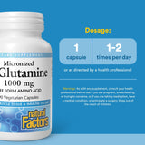 Natural Factors L-Glutamina etiqueta frontal: lectura clara de dosis y origen.