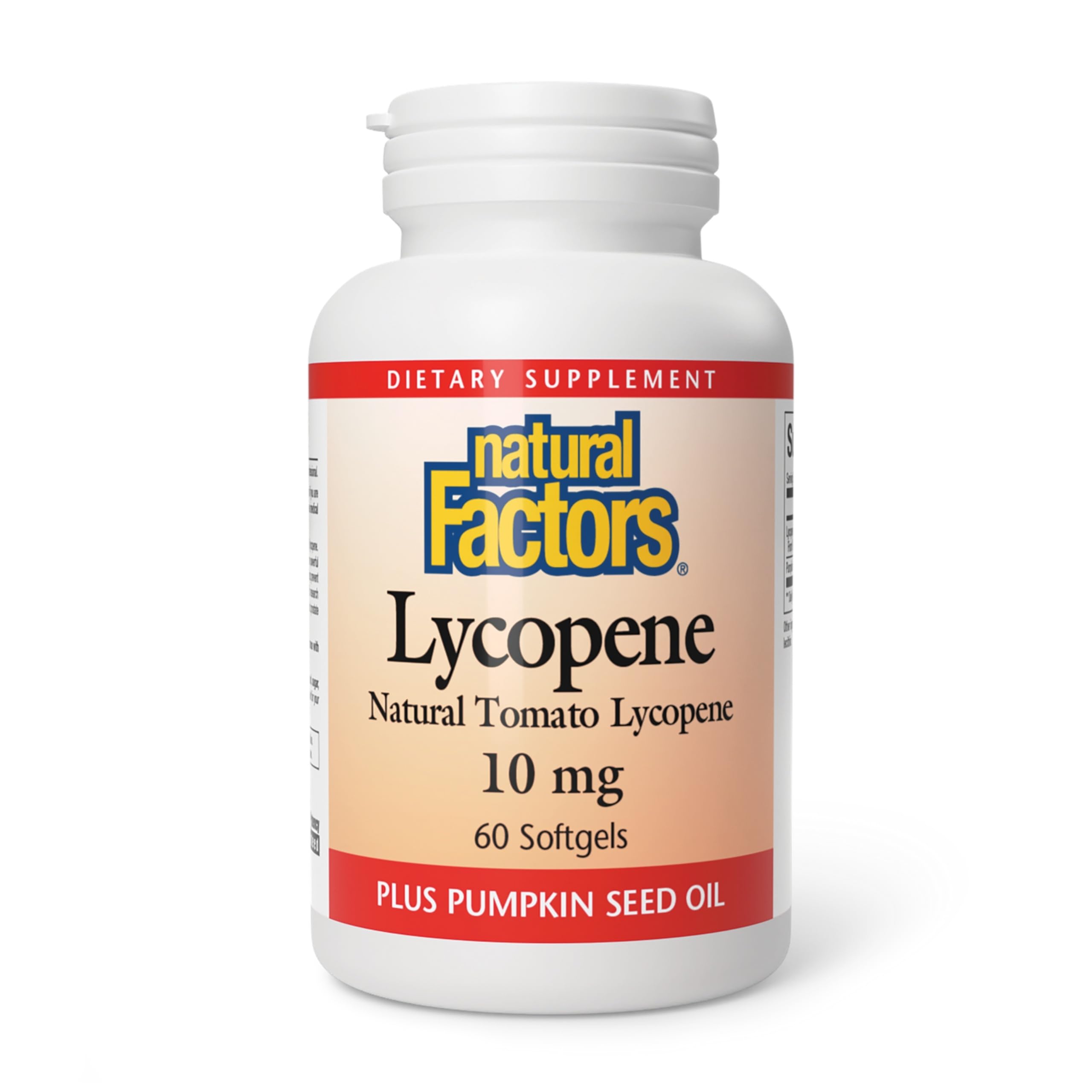 Natural Factors licopeno 10 mg en botella: cápsulas fáciles de tragar para uso diario.