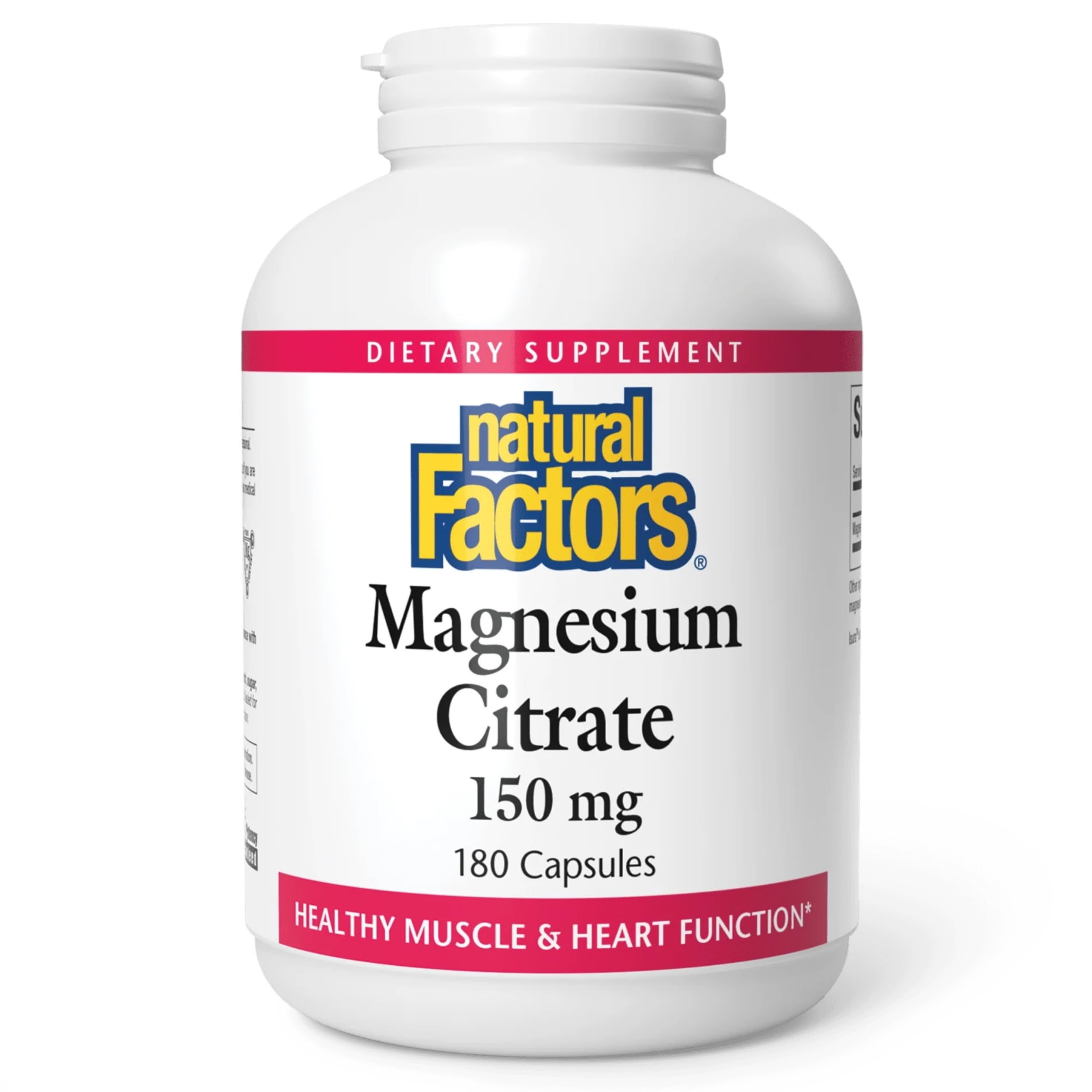 Natural Factors magnesio citrato en cápsulas para apoyo muscular y cardíaco.