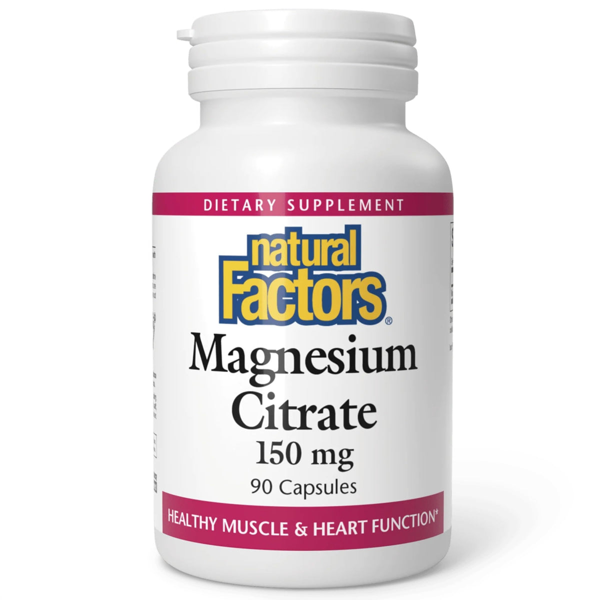 Natural Factors Magnesium Citrato: bote de cápsulas para apoyar la salud ósea y muscular.