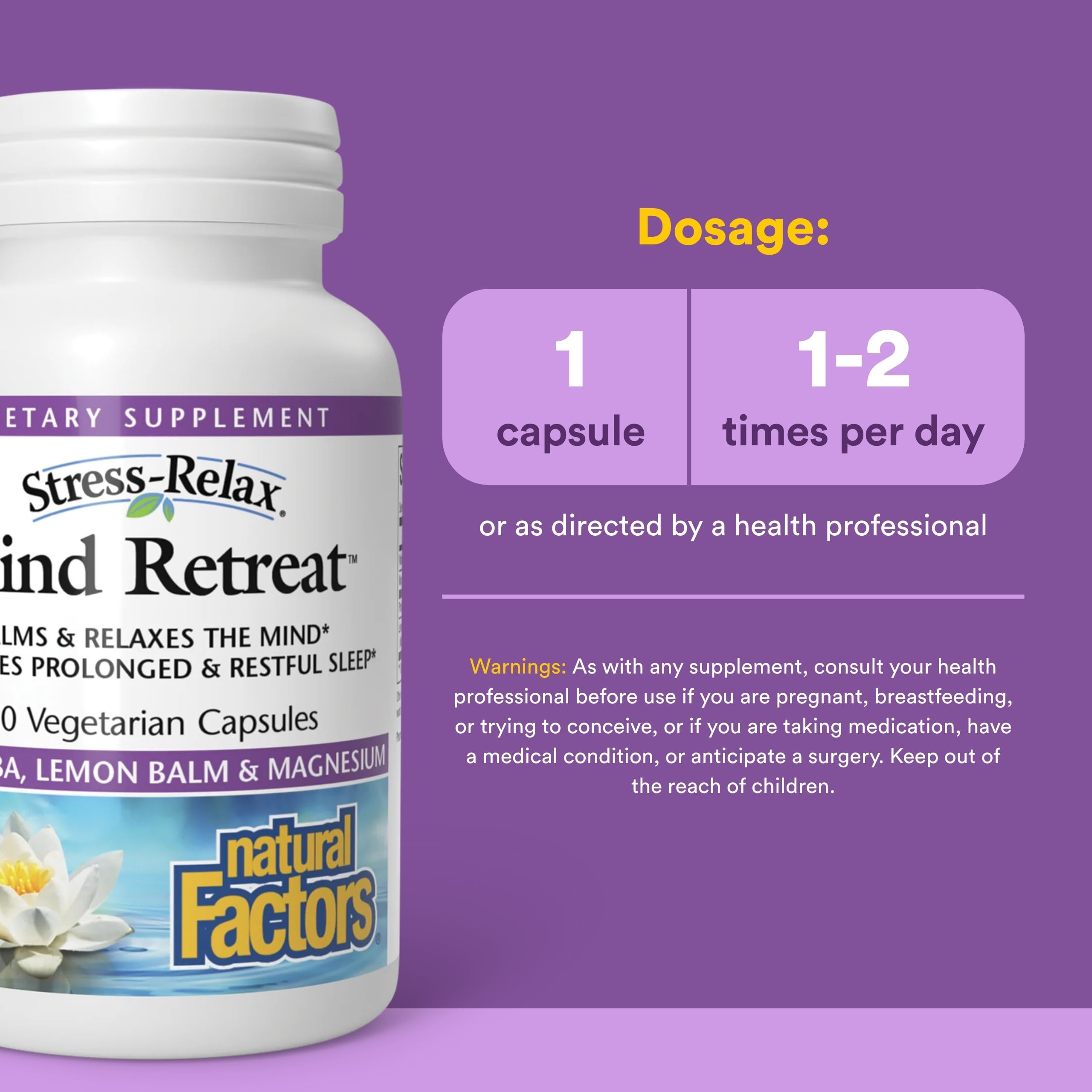 Natural Factors Mind Retreat: etiqueta detallada con ingredientes calmantes.